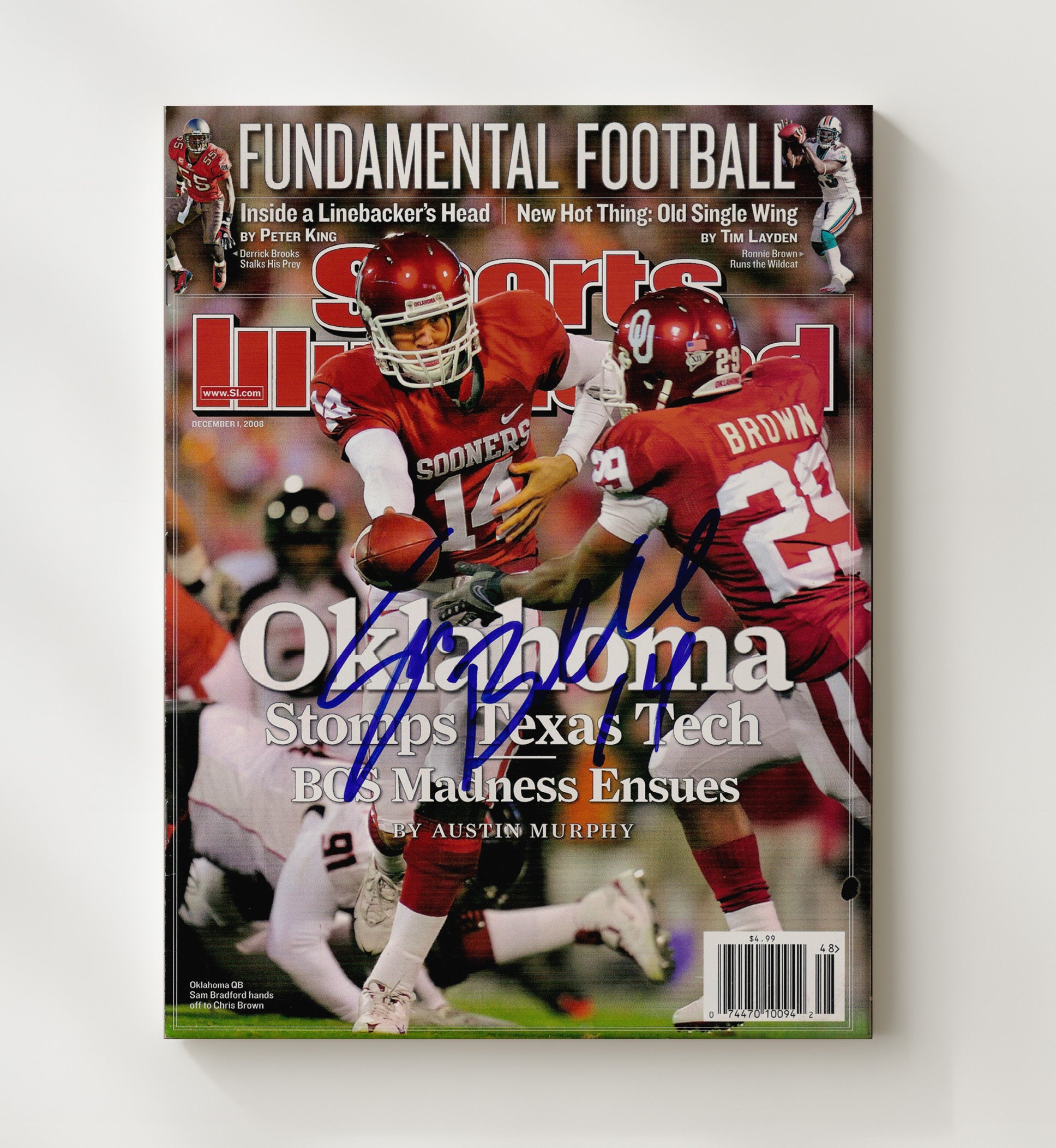 Oklahoma Football Sam Bradford Sooners Offensive Command vs Texas Tech Clash 2008 SI College 20x24 Canvas wall art print – College Football decor