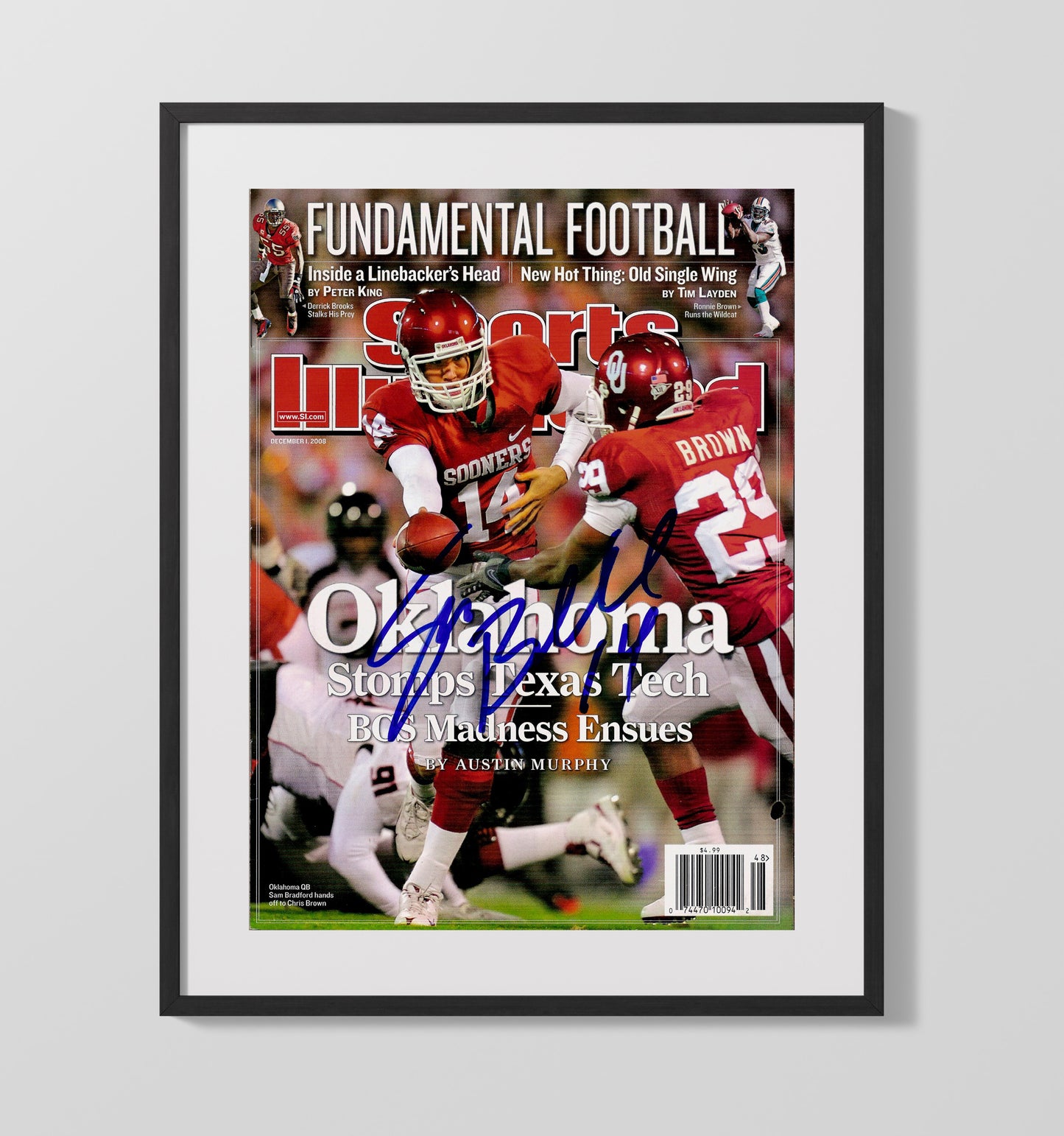 Oklahoma Football Sam Bradford Sooners Offensive Command vs Texas Tech Clash 2008 SI College 16x20 Gallery Frame wall art print – College Football decor
