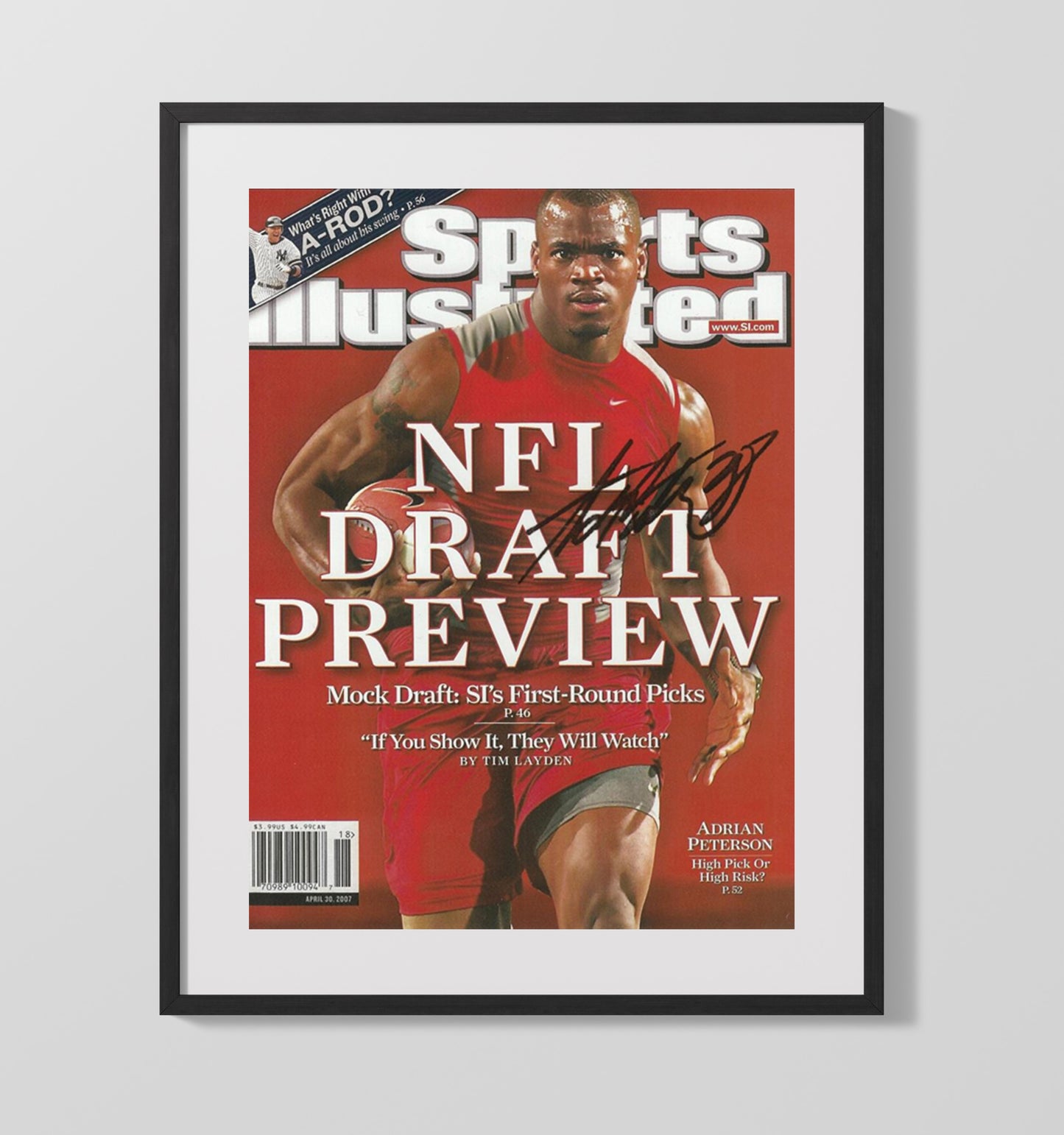 Oklahoma Sooners Adrian Peterson NFL Draft Preview 2007 SI Cover College Football Wall Art 16x20 Gallery Frame wall art print – College Football decor