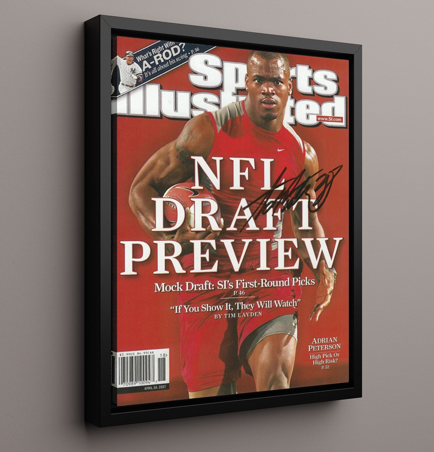 Oklahoma Sooners Adrian Peterson NFL Draft Preview 2007 SI Cover College Football Wall Art 16x20 Framed Canvas wall art print – College Football decor