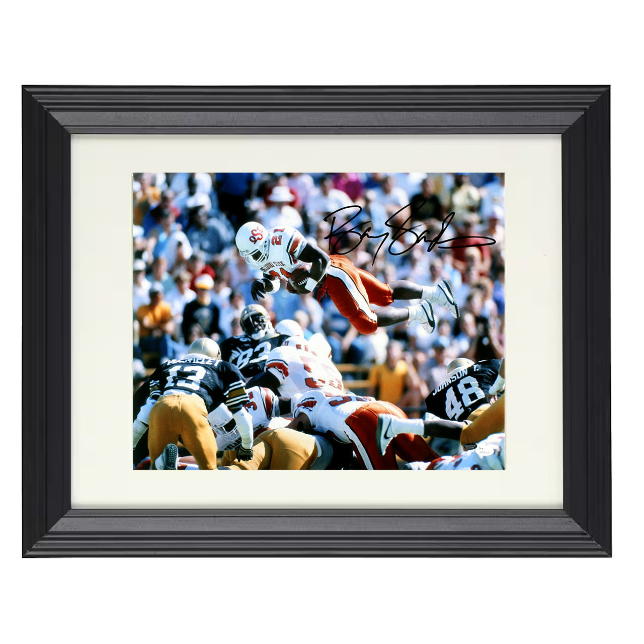 Oklahoma State Football Barry Sanders Hurdle Over Defender 8x10 black beveled frame college football wall art