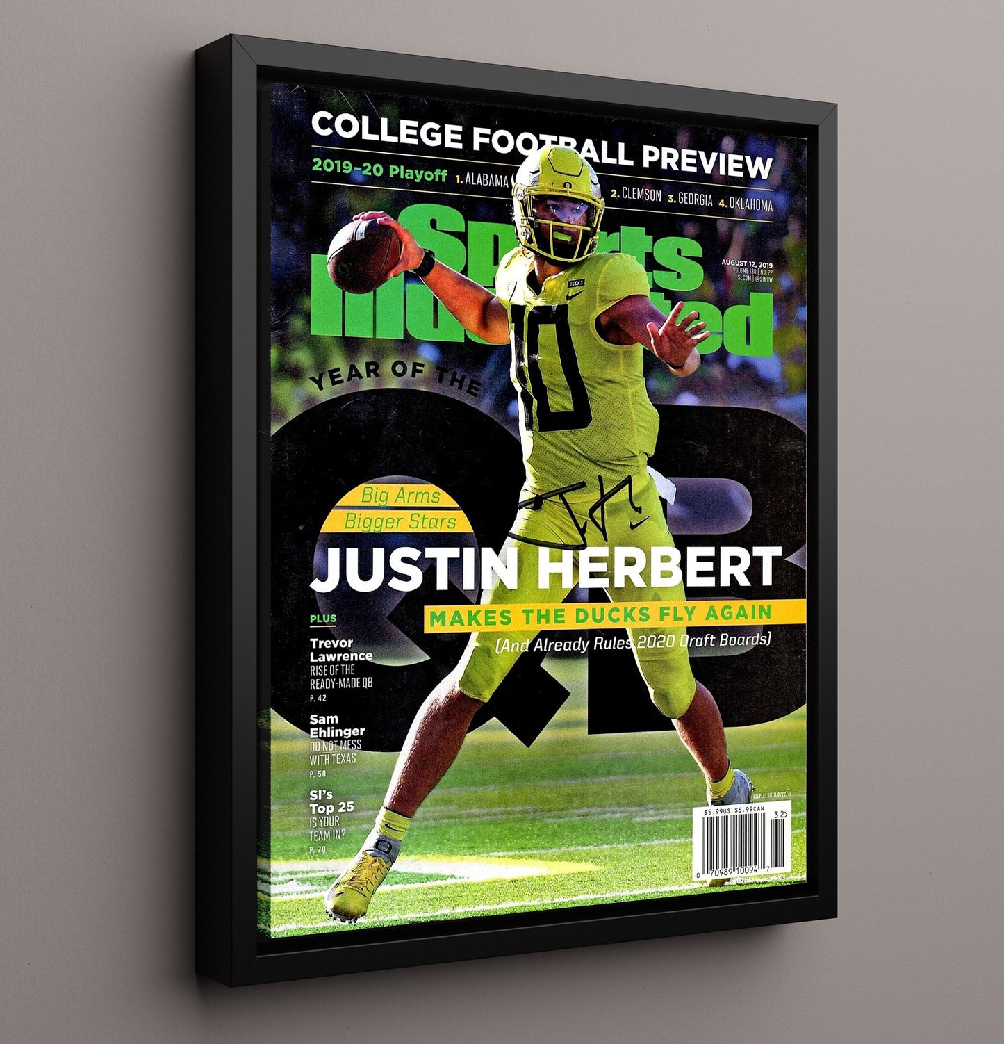 Oregon Football Justin Herbert Elite Arm SI Cover 2019 College Football Wall Art 16x20 Framed Canvas wall art print – College Football decor