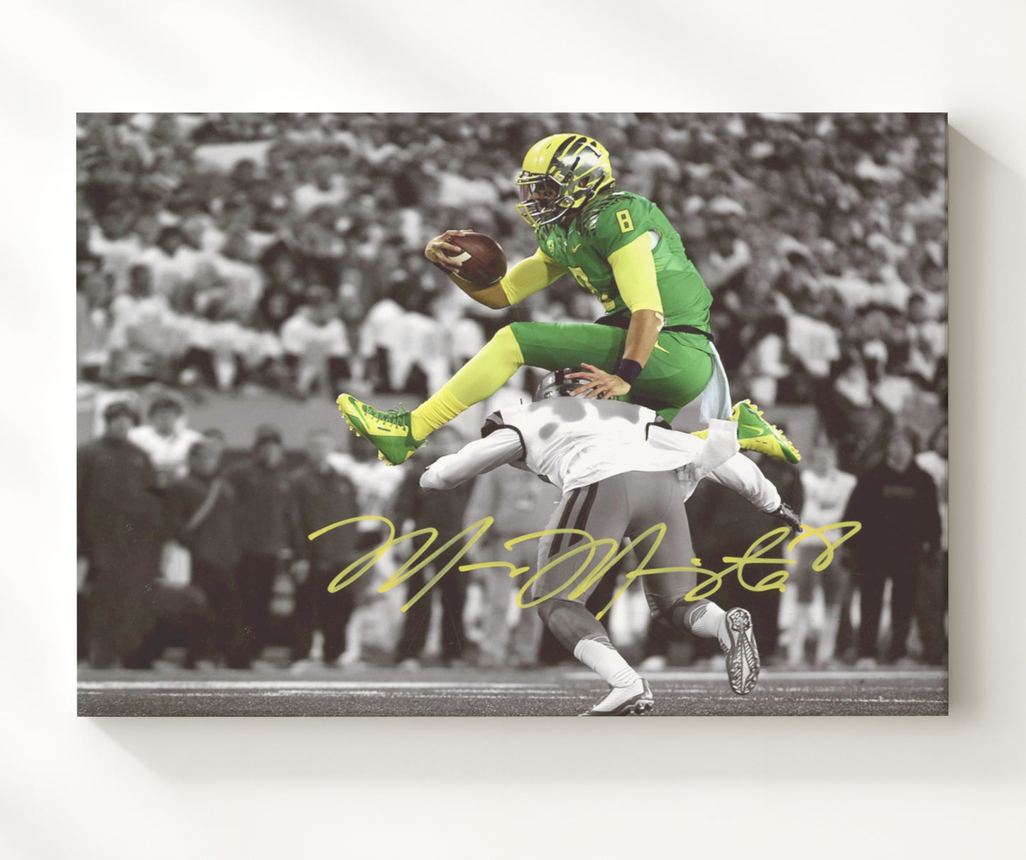Oregon Football Marcus MariotaHurdle College Football Wall Art 20x24 Canvas wall art print – College Football decor