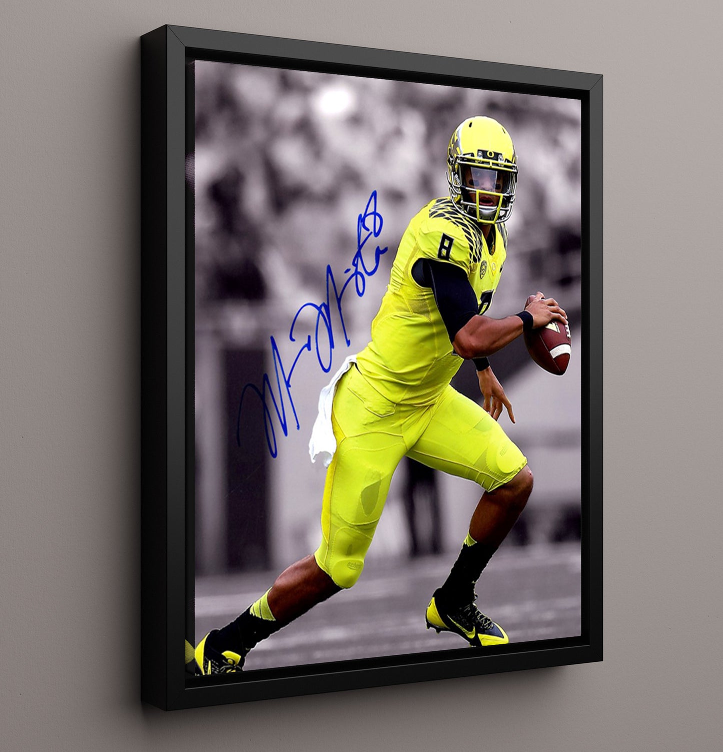 Oregon Football Marcus Mariota Neon Glide College Football Wall Art 16x20 Framed Canvas wall art print – College Football decor
