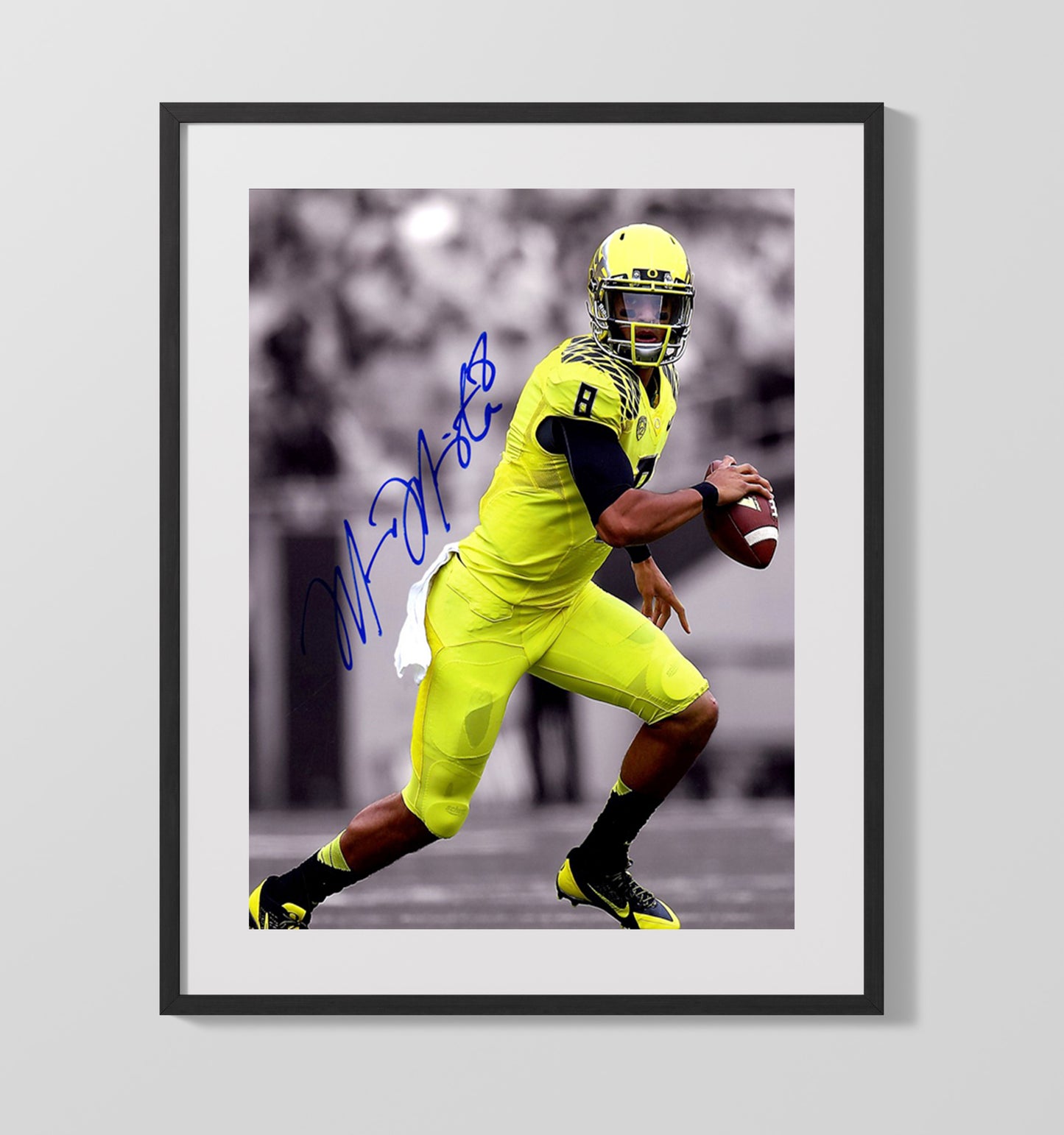 Oregon Football Marcus Mariota Neon Glide College Football Wall Art 16x20 Gallery Frame wall art print – College Football decor