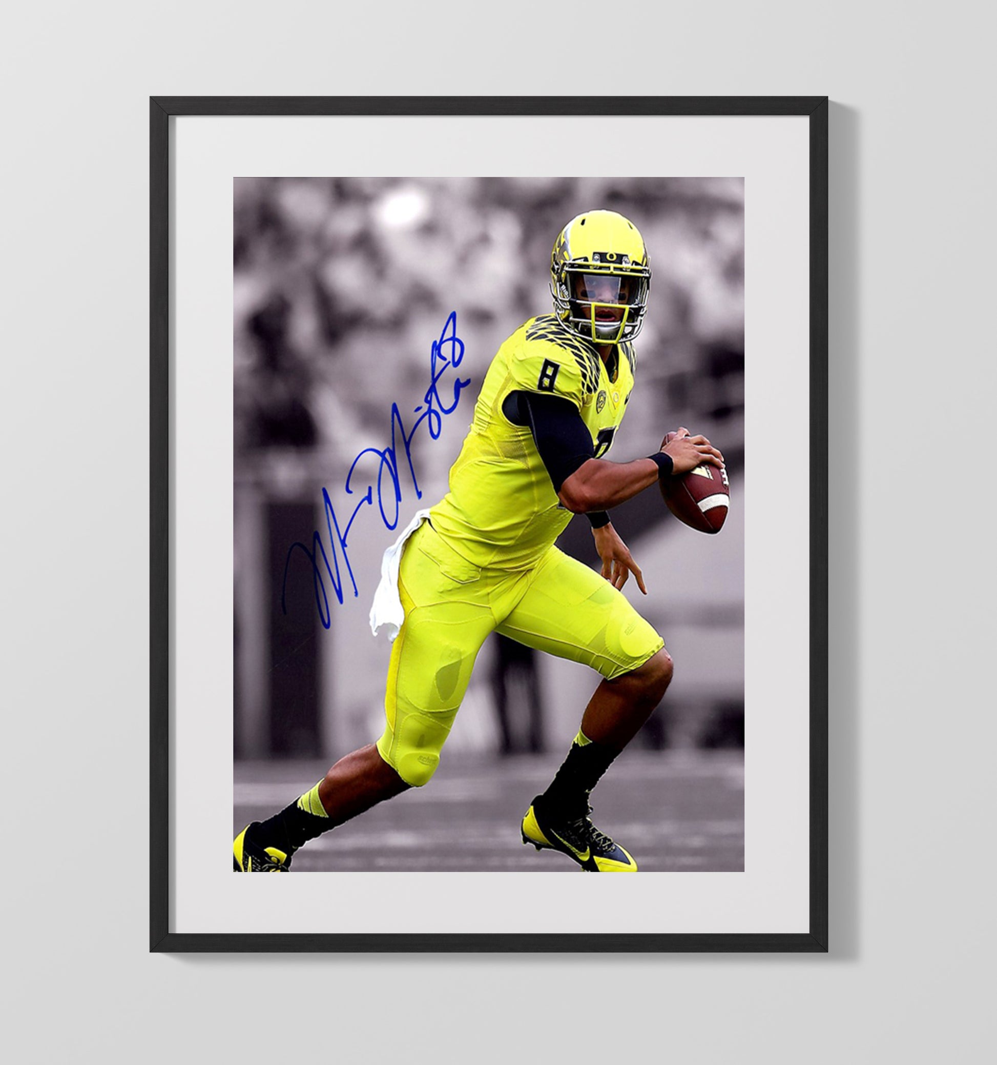 Oregon Football Marcus Mariota Neon Glide College Football Wall Art 16x20 Gallery Frame wall art print – College Football decor