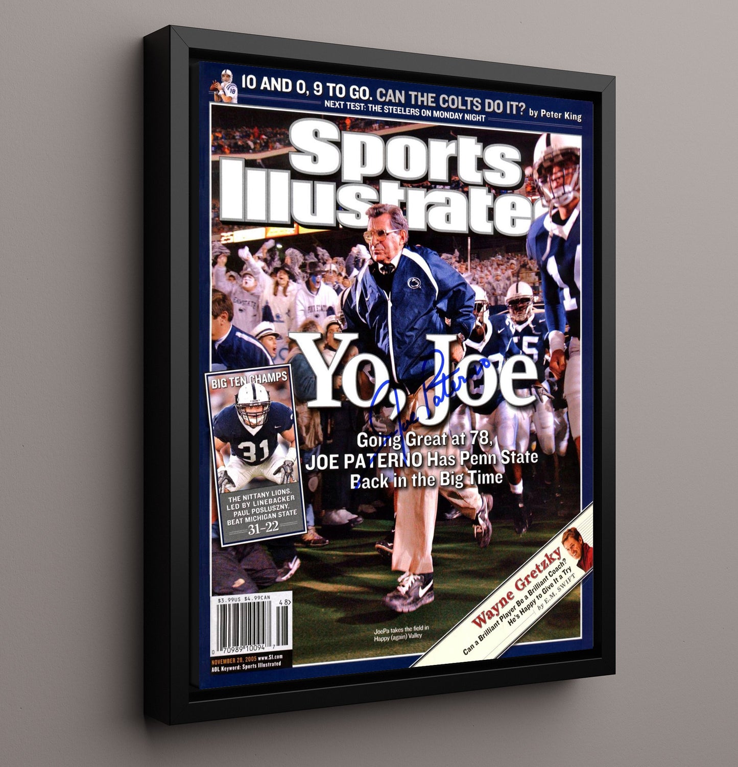Penn State Football Joe Paterno Sideline Charge SI Cover 2005 College Football Wall Art 16x20 Framed Canvas wall art print – College Football decor