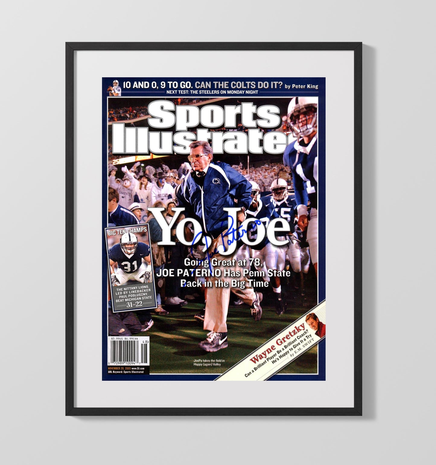 Penn State Football Joe Paterno Sideline Charge SI Cover 2005 College Football Wall Art 16x20 Gallery Frame wall art print – College Football decor