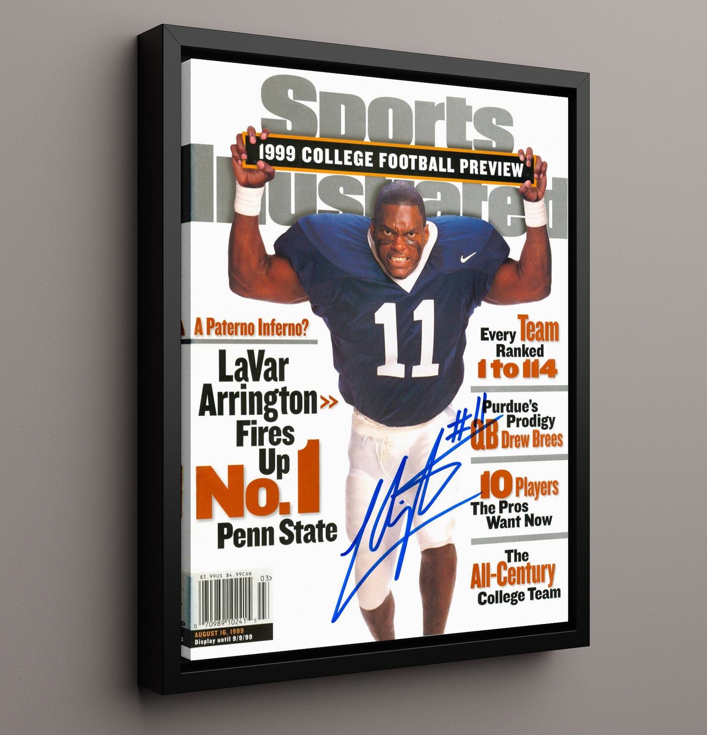 Penn State Football LaVar Arrington Linebacker Fury SI Cover 1999 College Football Wall Art 16x20 Framed Canvas wall art print – College Football decor