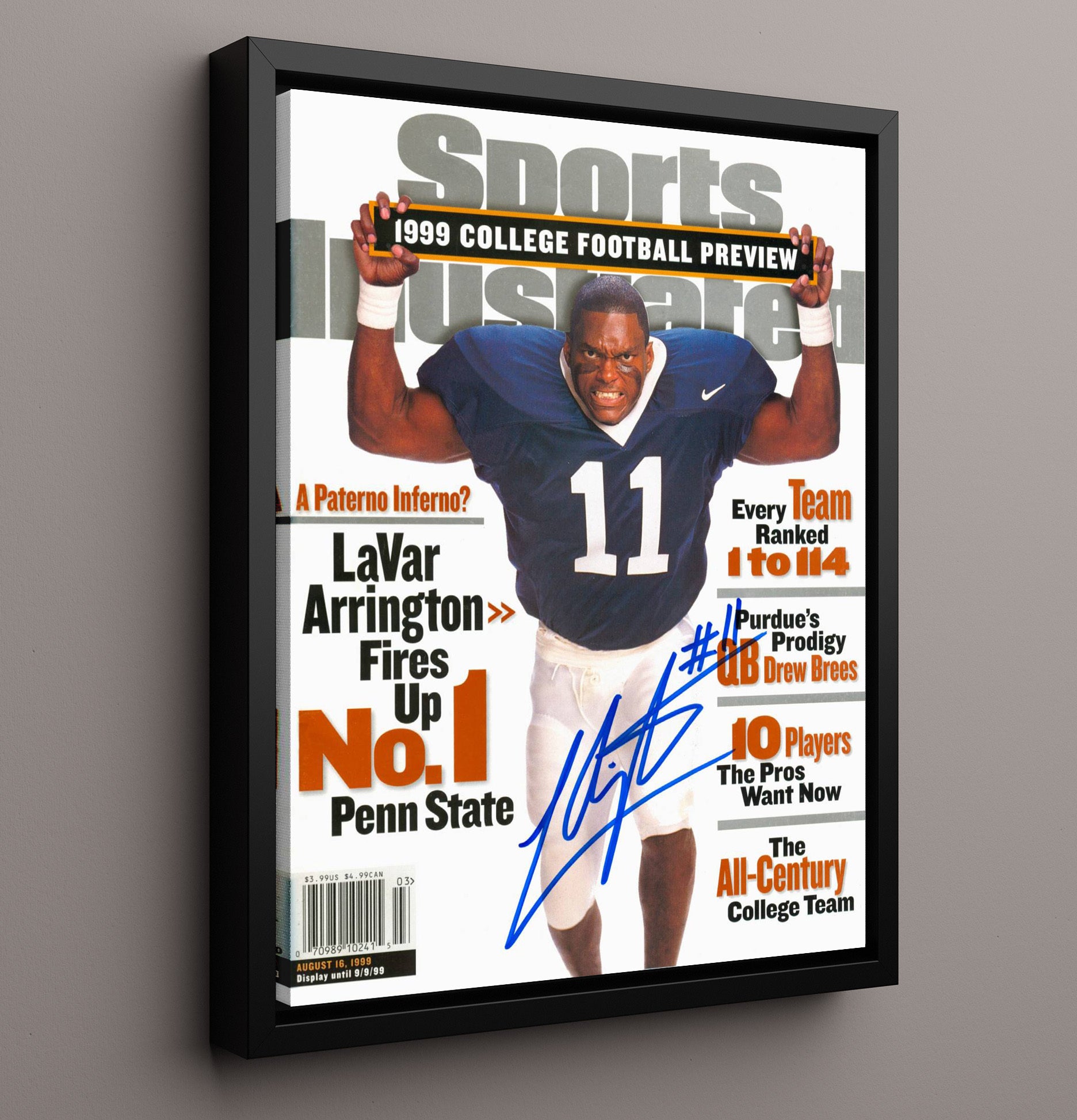 Penn State Football LaVar Arrington Linebacker Fury SI Cover 1999 College Football Wall Art 16x20 Framed Canvas wall art print – College Football decor