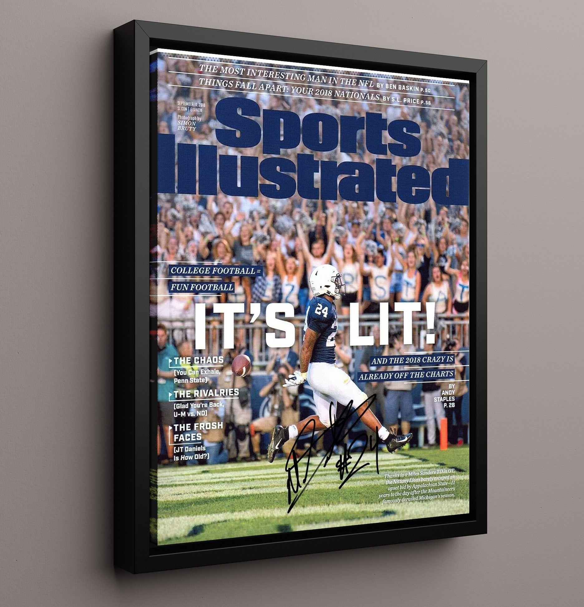 Penn State Football Miles Sanders Touchdown Celebration SI Cover 2018 College Football Wall Art 16x20 Framed Canvas wall art print – College Football decor