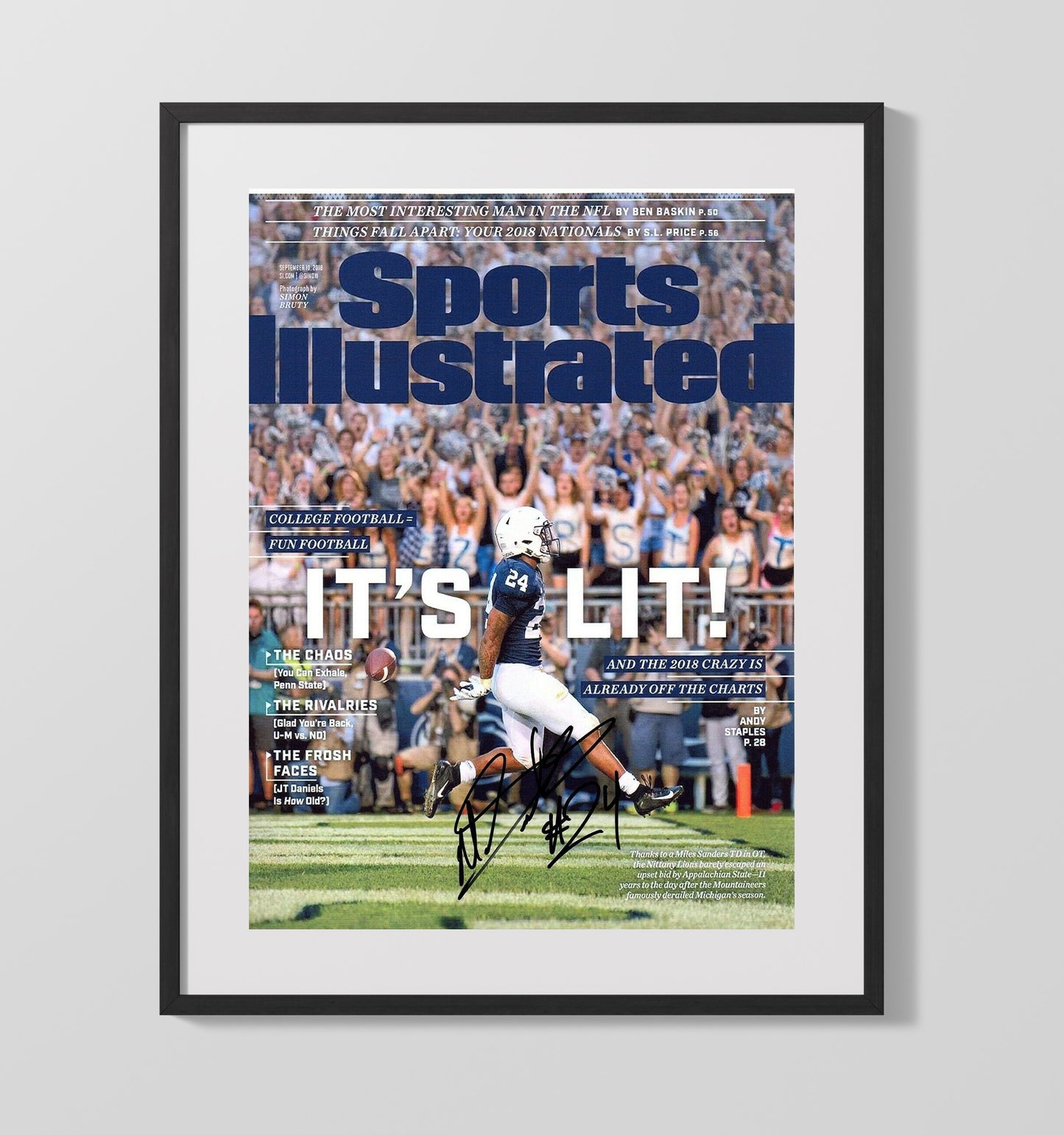 Penn State Football Miles Sanders Touchdown Celebration SI Cover 2018 College Football Wall Art 16x20 Gallery Frame wall art print – College Football decor