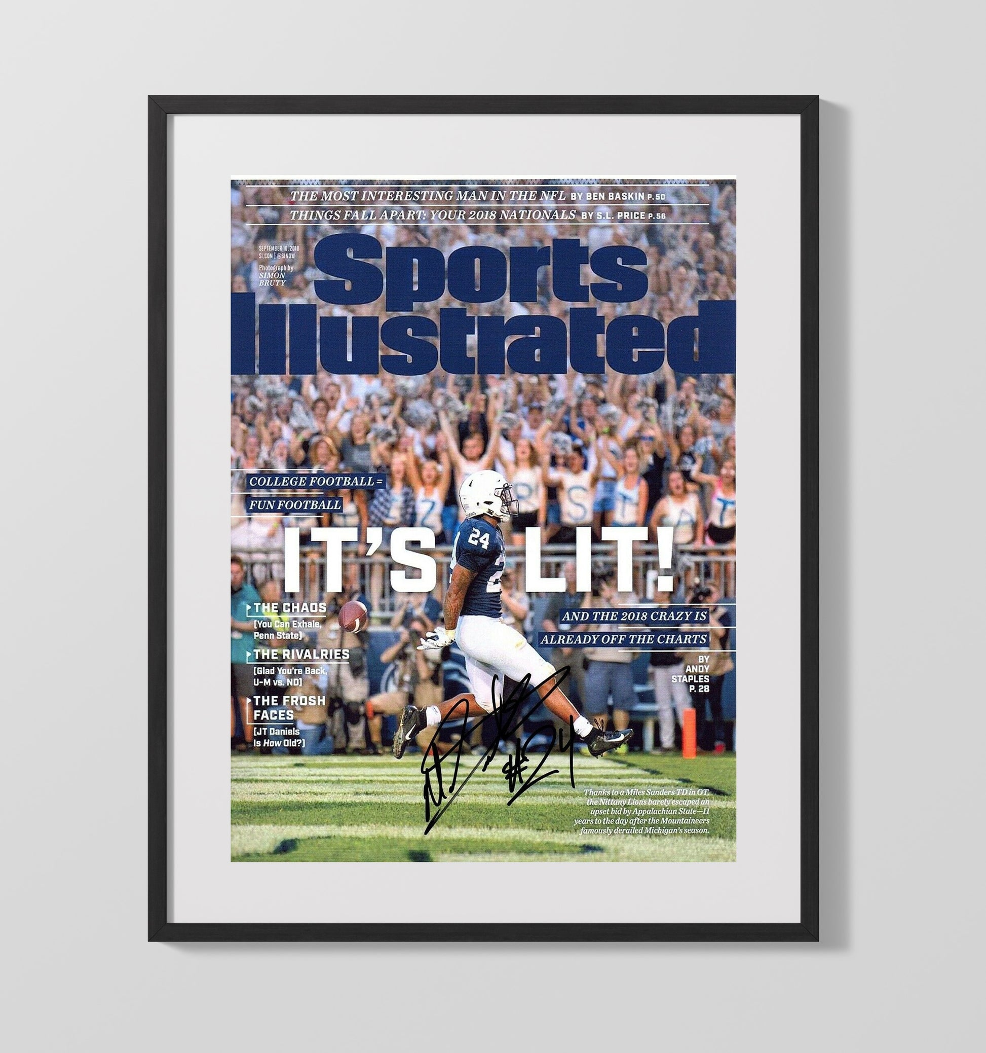 Penn State Football Miles Sanders Touchdown Celebration SI Cover 2018 College Football Wall Art 16x20 Gallery Frame wall art print – College Football decor