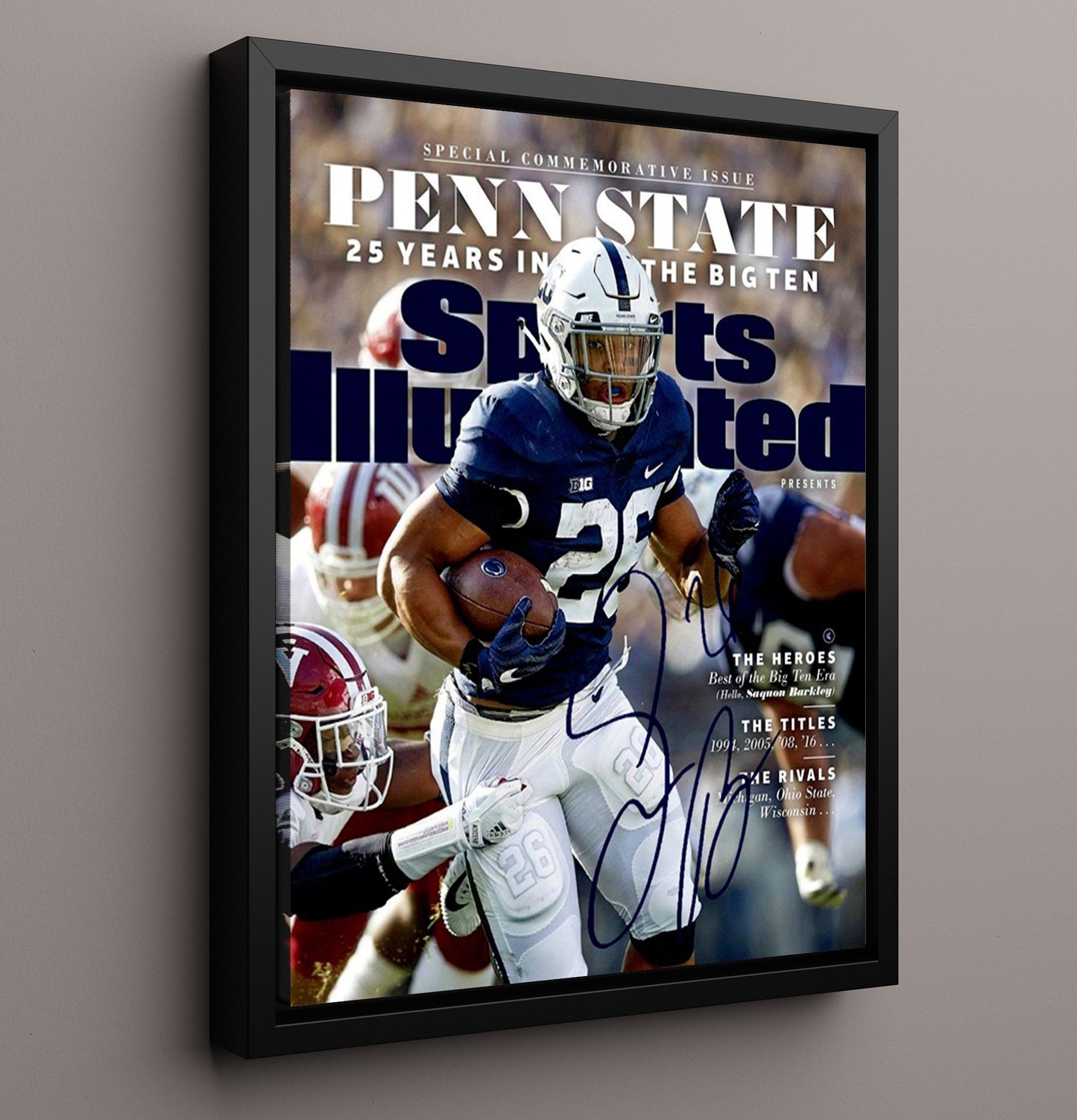 Penn State Football Saquon Barkley Power Run SI Cover 2017 College Football Wall Art 16x20 Framed Canvas wall art print – College Football decor