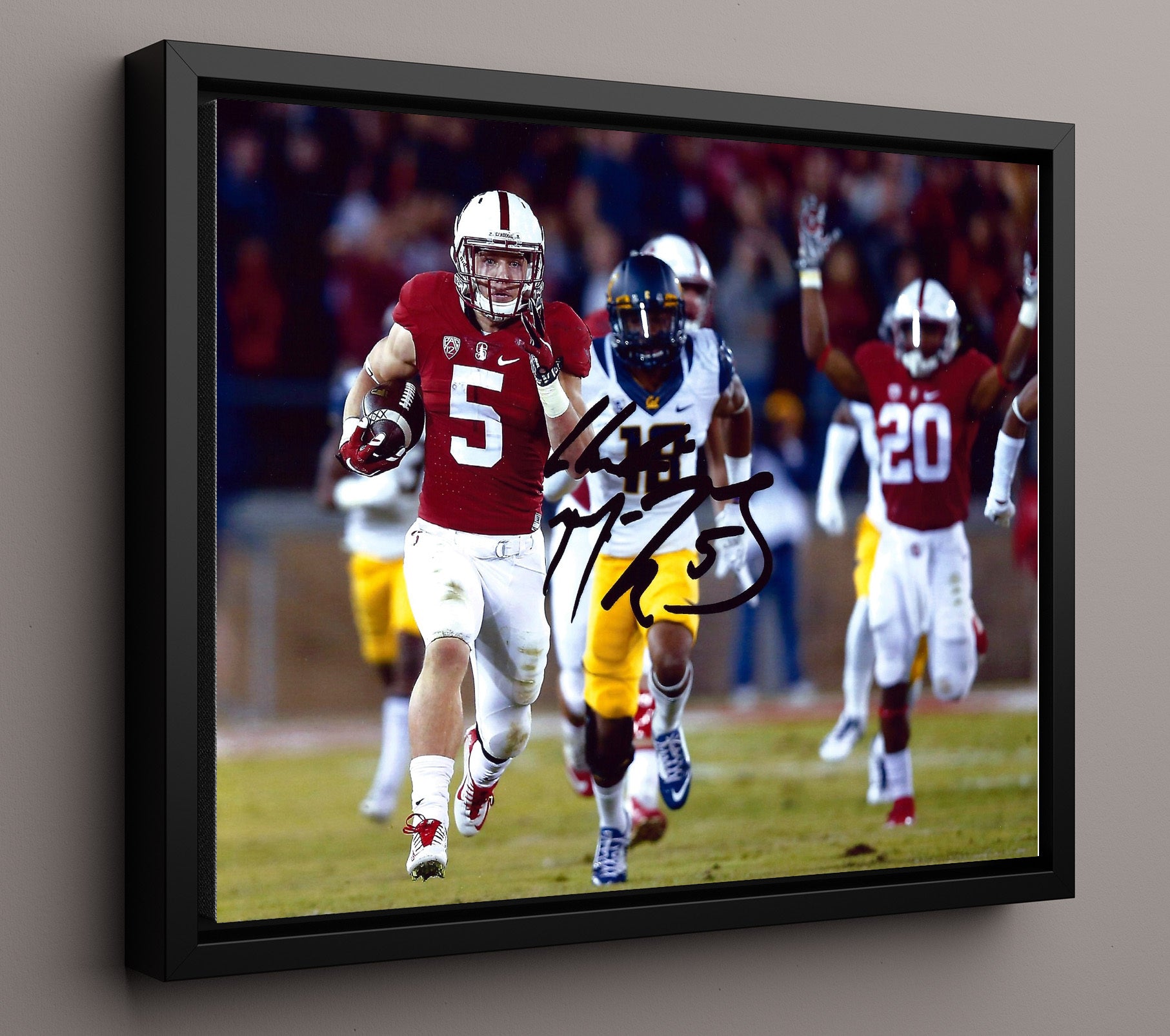 Stanford Football Christian McCaffrey Explosive Open Field Run College Football Wall Art 16x20 Framed Canvas wall art print – College Football decor