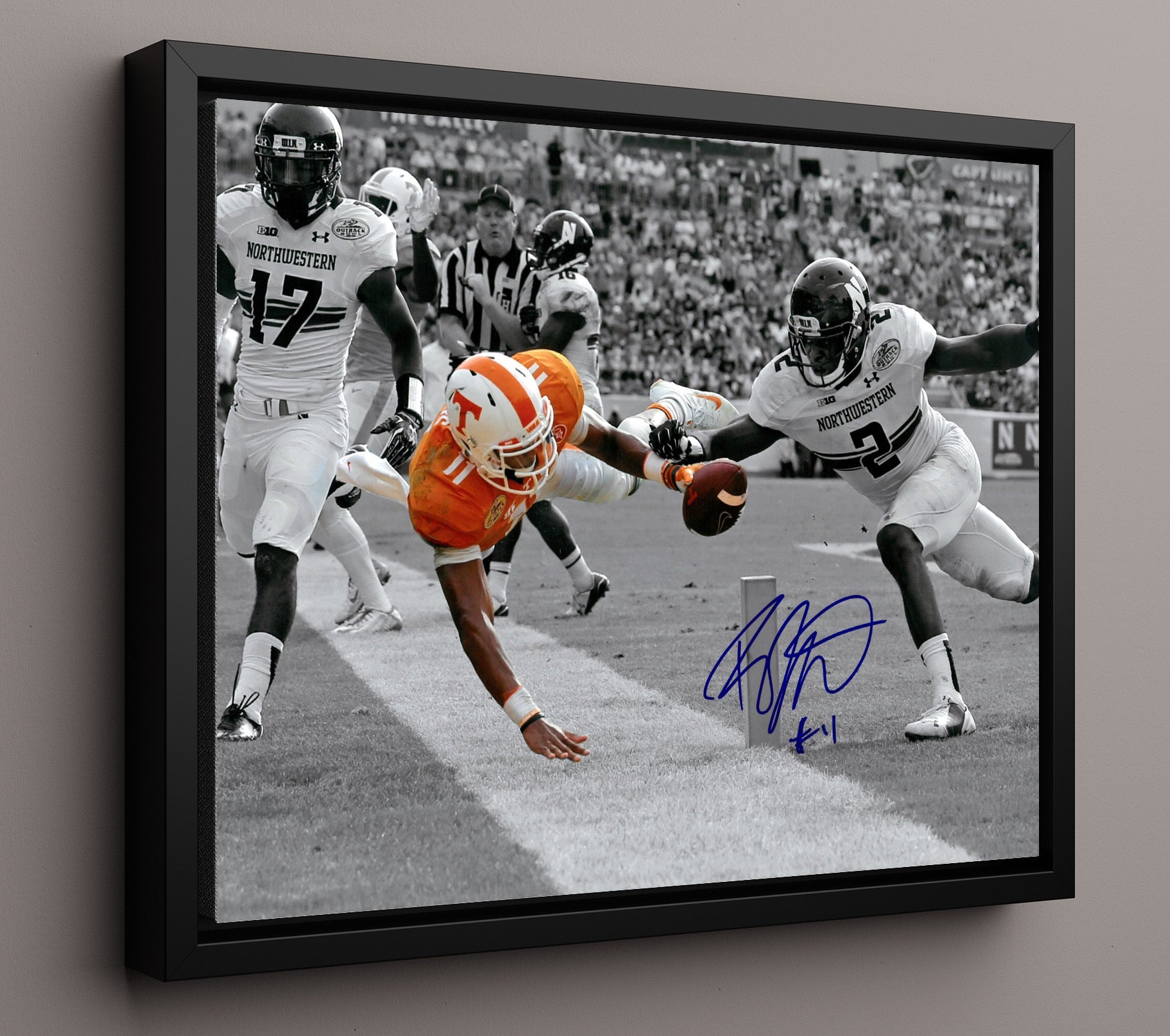 Tennessee Football Josh Dobbs Goal Line Pylon Dive College Football Wall Art 16x20 Framed Canvas wall art print – College Football decor