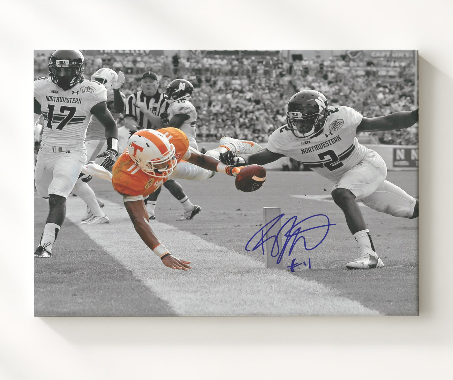 Tennessee Football Josh Dobbs Goal Line Pylon Dive College Football Wall Art 20x24 Canvas wall art print – College Football decor