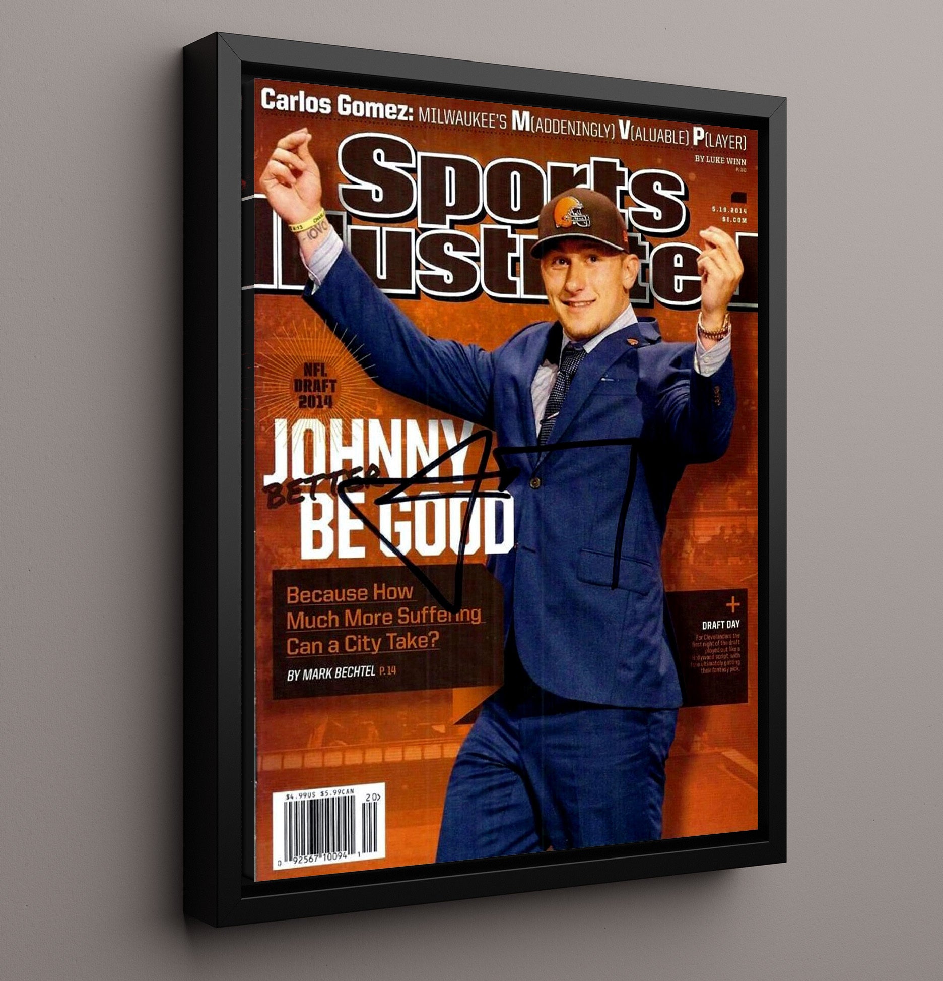 Texas AandM Football Johnny Manziel Draft Night Celebration 2014 SI Cover College Football 16x20 Framed Canvas wall art print – College Football decor