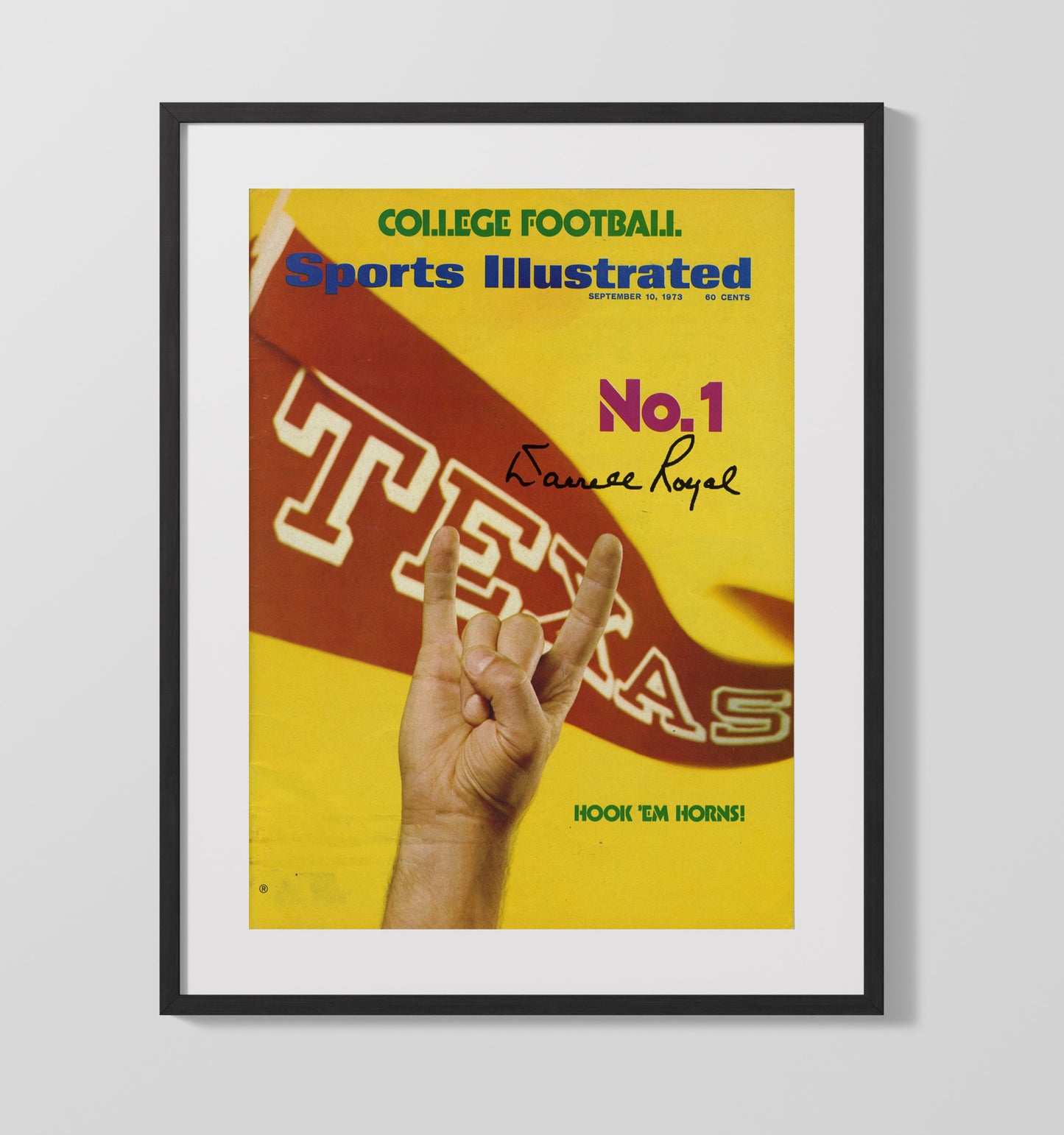 Texas Football Darrell Royal Hook Em Horns SI Cover 1973 College Football Wall Art 16x20 Gallery Frame wall art print – College Football decor