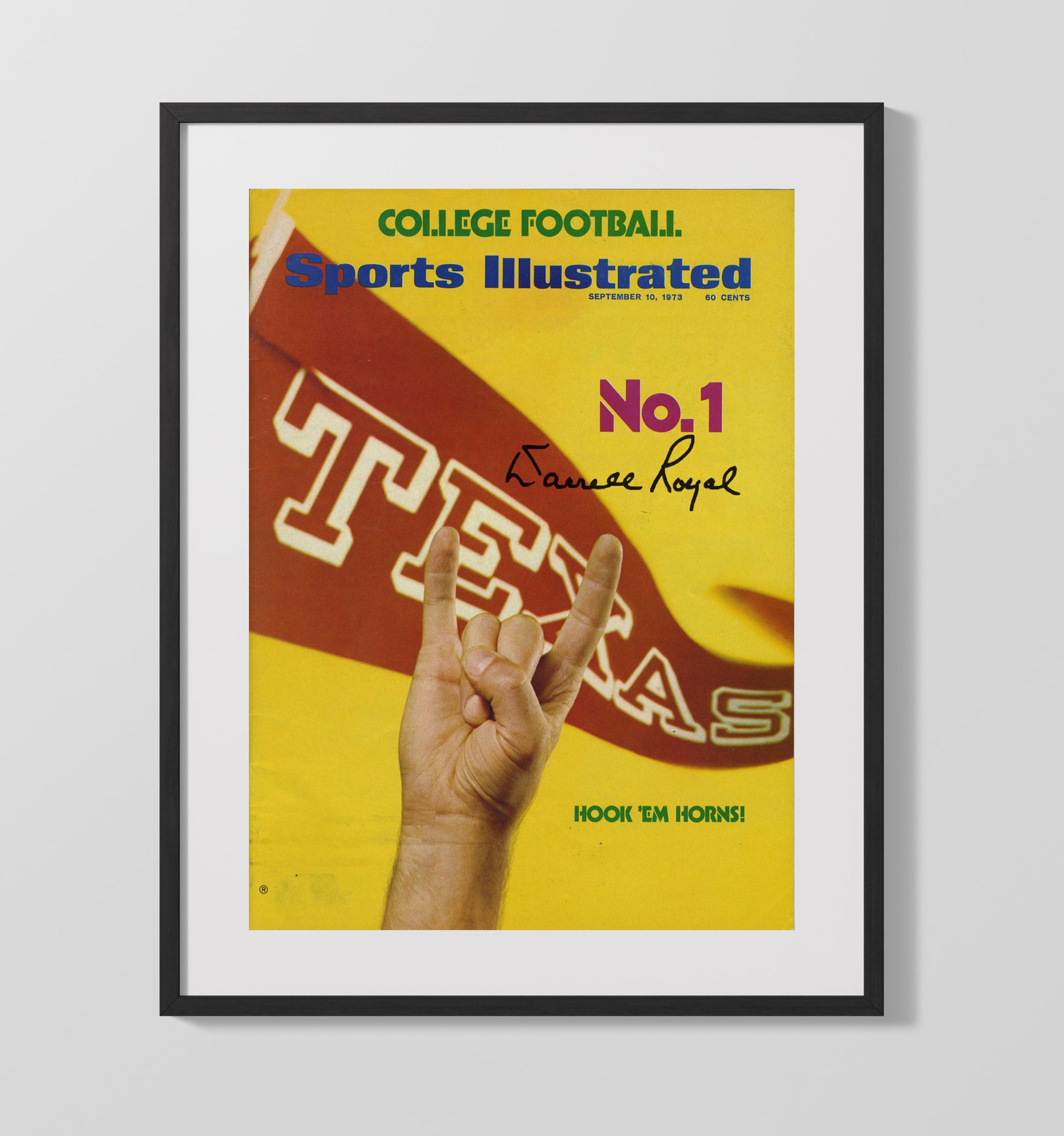 Texas Football Darrell Royal Hook Em Horns SI Cover 1973 College Football Wall Art 16x20 Gallery Frame wall art print – College Football decor