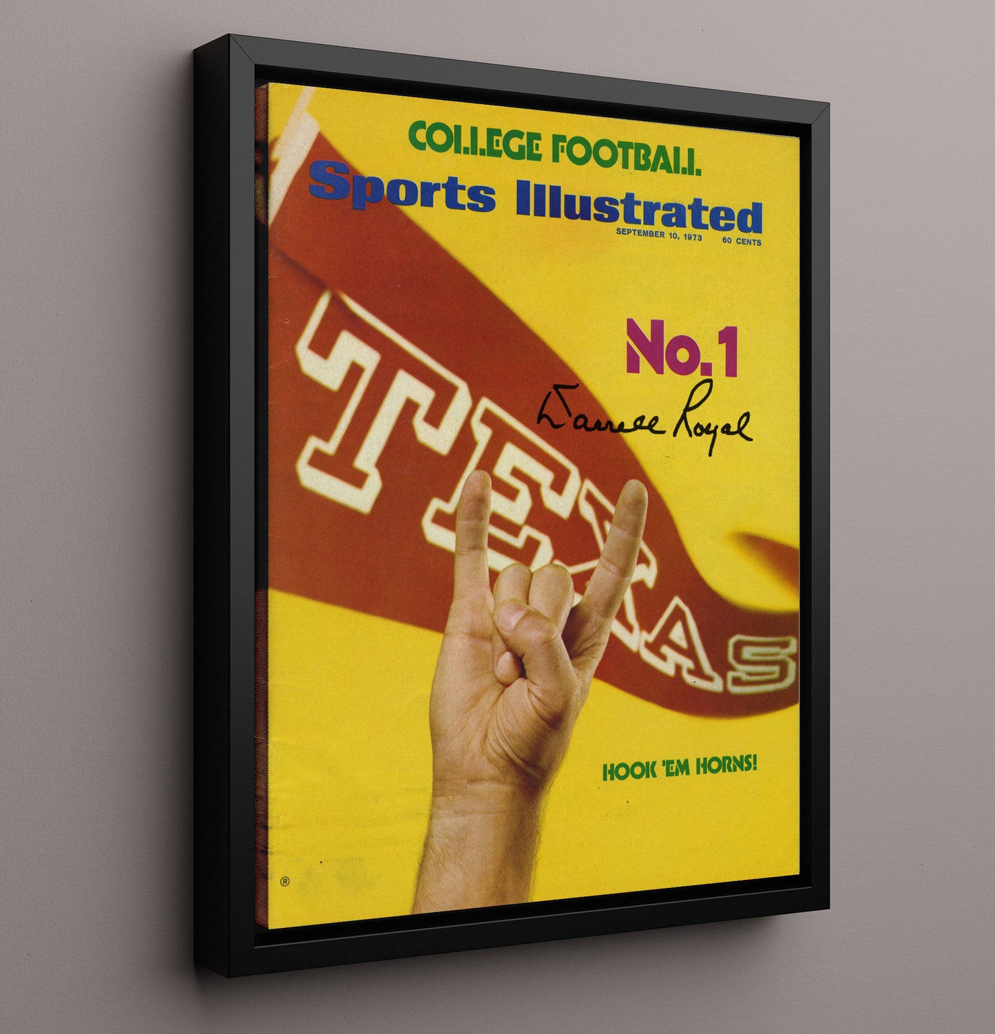 Texas Football Darrell Royal Hook Em Horns SI Cover 1973 College Football Wall Art 16x20 Framed Canvas wall art print – College Football decor