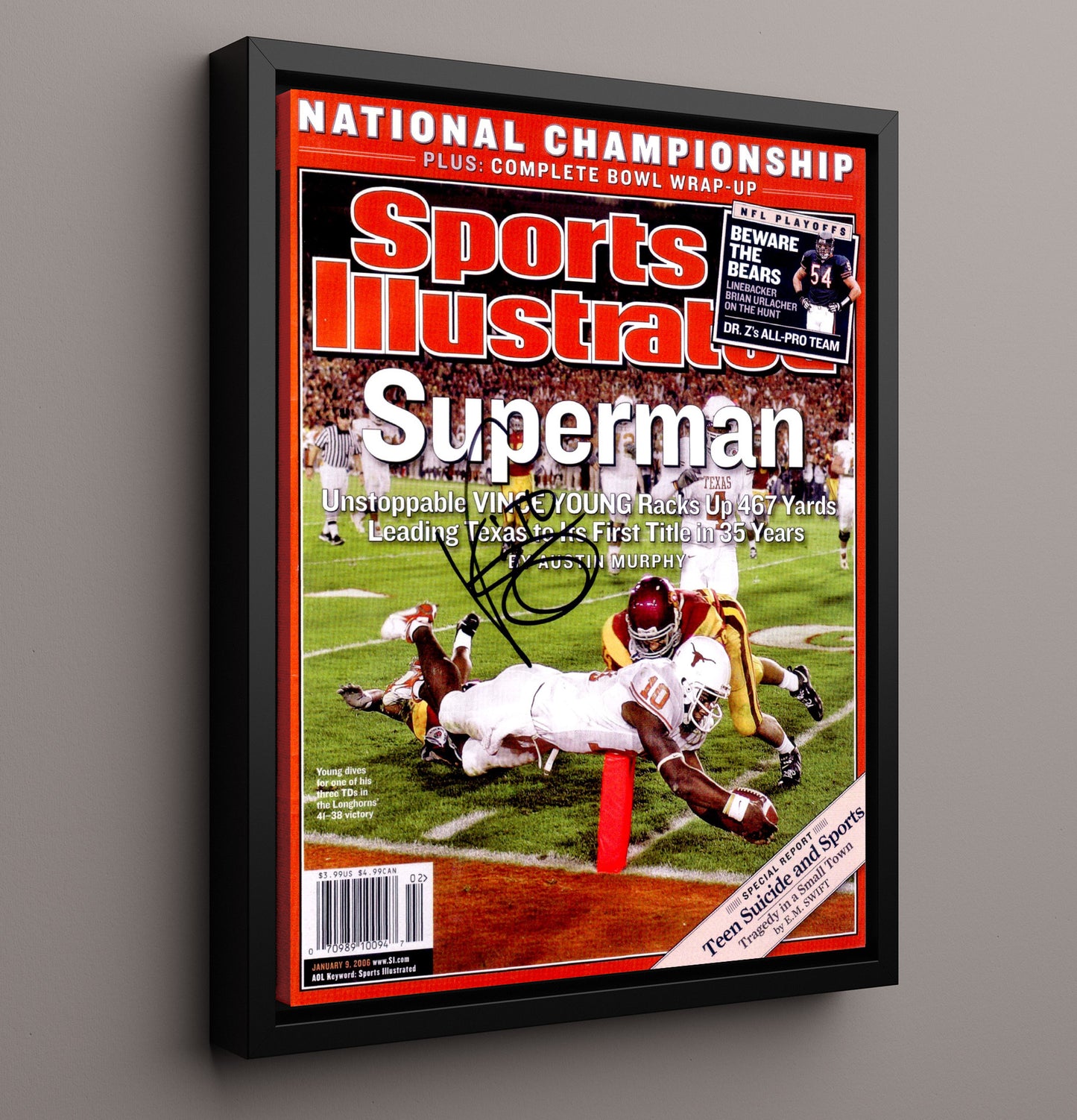 Texas Football Vince Young National Championship Superman Performance 2006 SI College Football 16x20 Framed Canvas wall art print – College Football decor