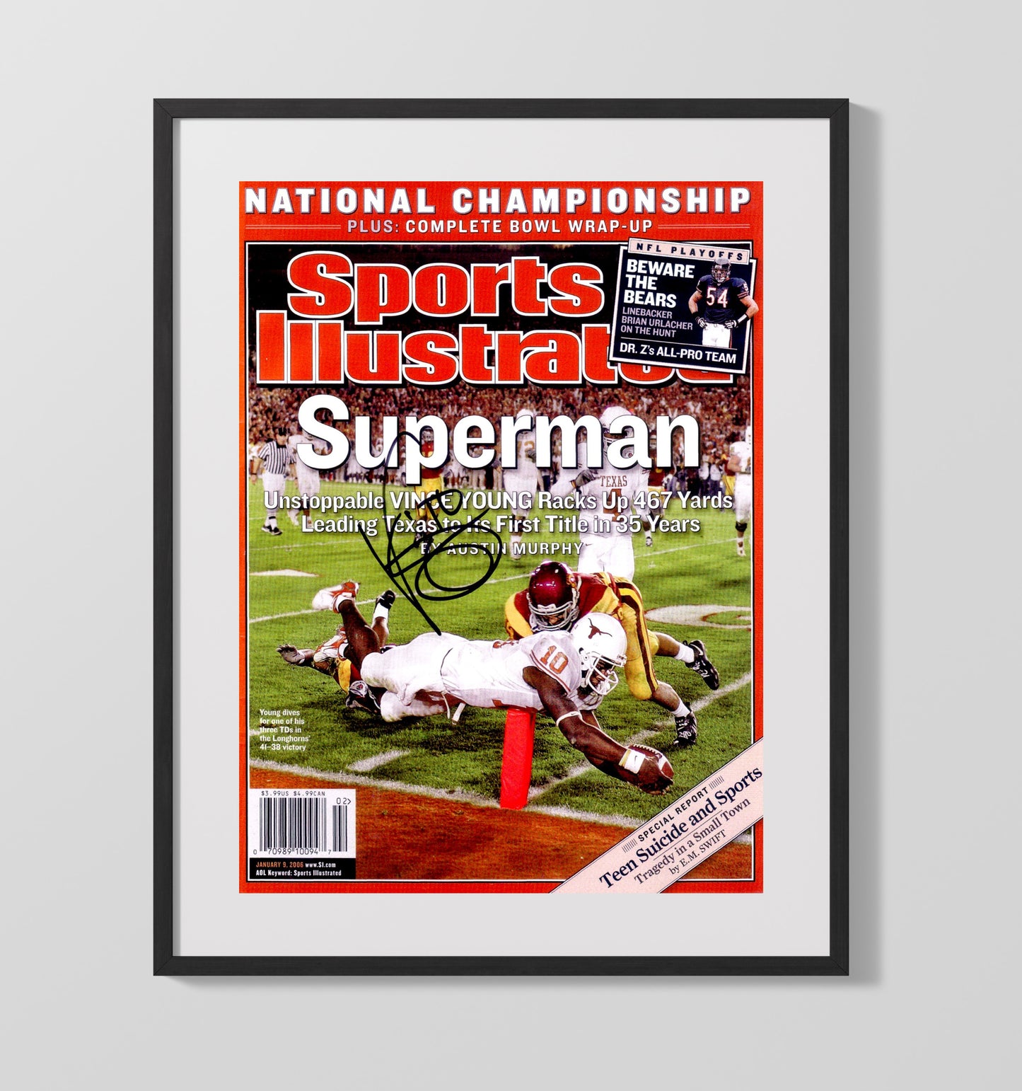 Texas Football Vince Young National Championship Superman Performance 2006 SI College Football 16x20 Gallery Frame wall art print – College Football decor