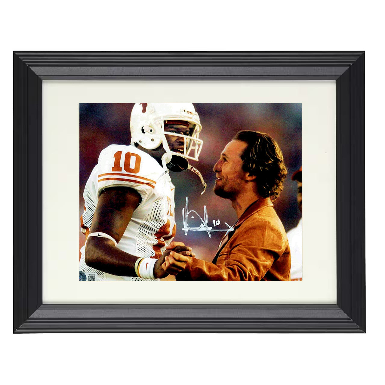 Texas Vince Young Sideline Moment with Matthew McConaughey 8x10 black beveled frame college football wall art