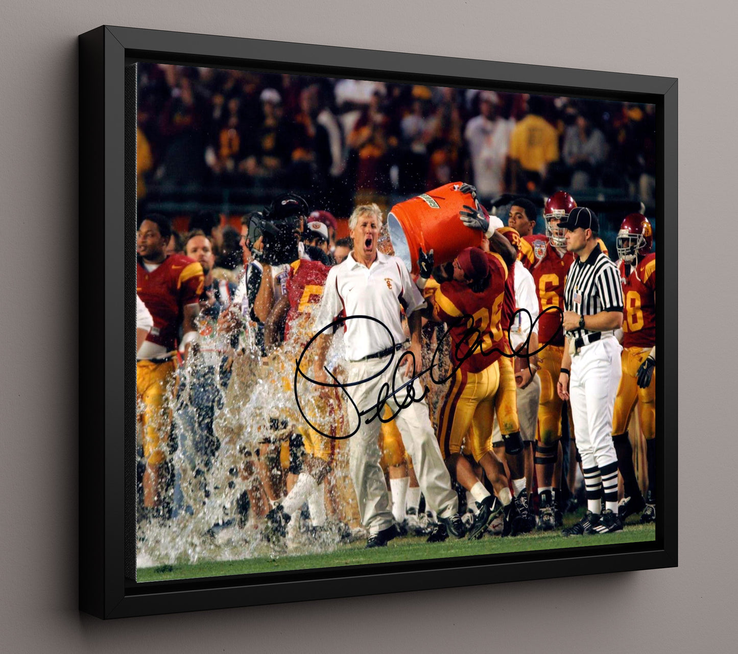 USC Football Pete Carroll Gatorade Celebration Championship Energy College Football Wall Art 16x20 Framed Canvas wall art print – College Football decor