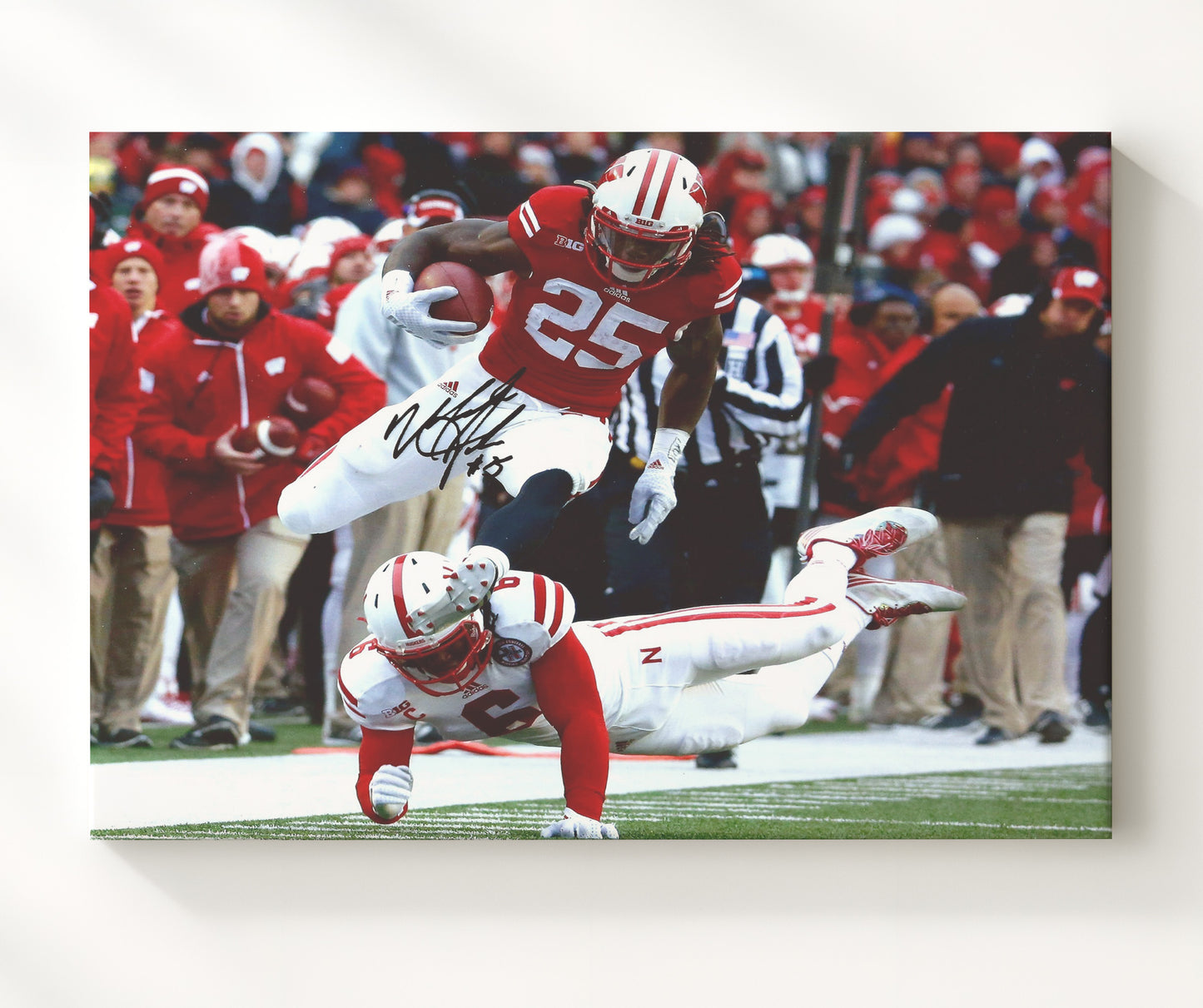 Wisconsin Football Melvin Gordon Signature Hurdle Highlight College Football Wall Art 20x24 Canvas wall art print – College Football decor