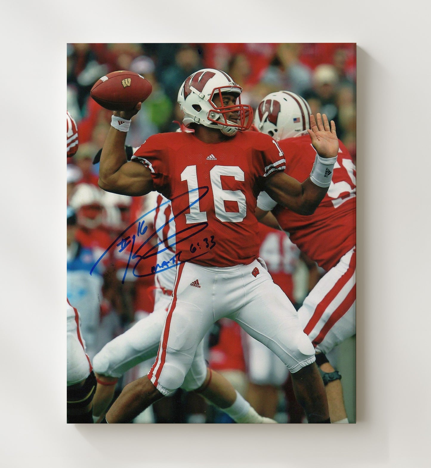 Wisconsin Football Russell Wilson Badger Bombs Away Passing Motion College Football Wall Art 20x24 Canvas wall art print – College Football decor