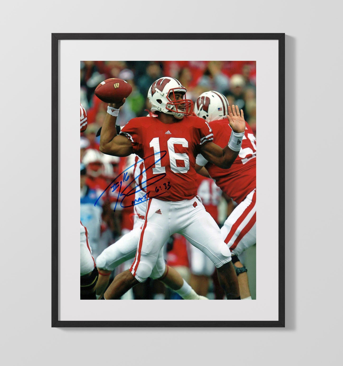 Wisconsin Football Russell Wilson Badger Bombs Away Passing Motion College Football Wall Art 16x20 Gallery Frame wall art print – College Football decor