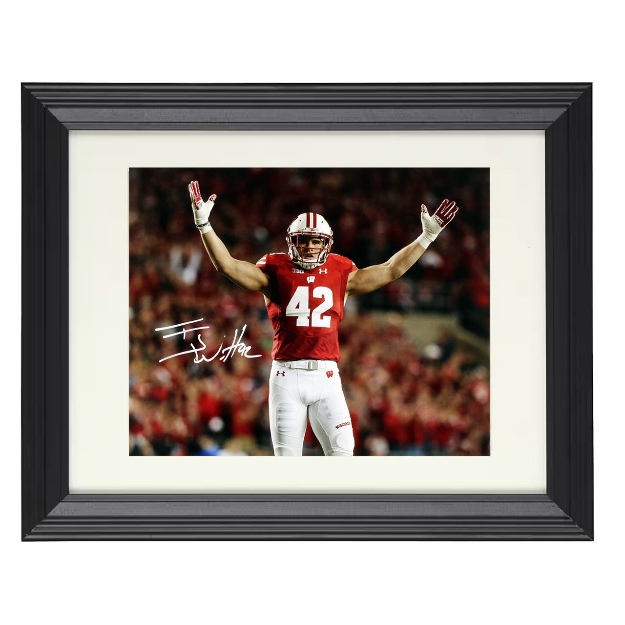 Wisconsin Football TJ Watt Defensive Celebration Stand 8x10 black beveled frame college football wall art