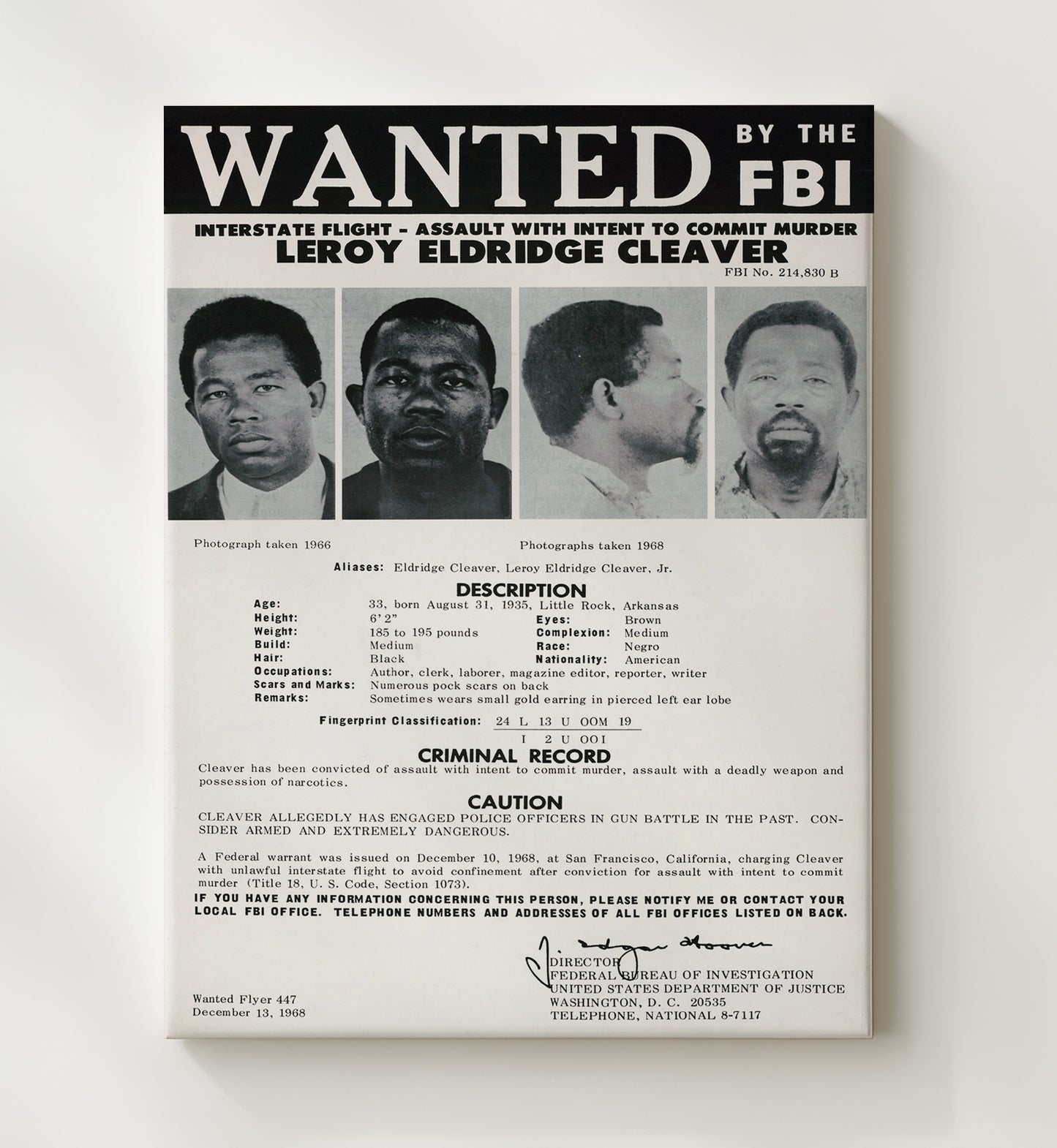 Eldridge Cleaver Fbi Wanted Poster Counter Culture Wall Art 20x24 Canvas wall art print