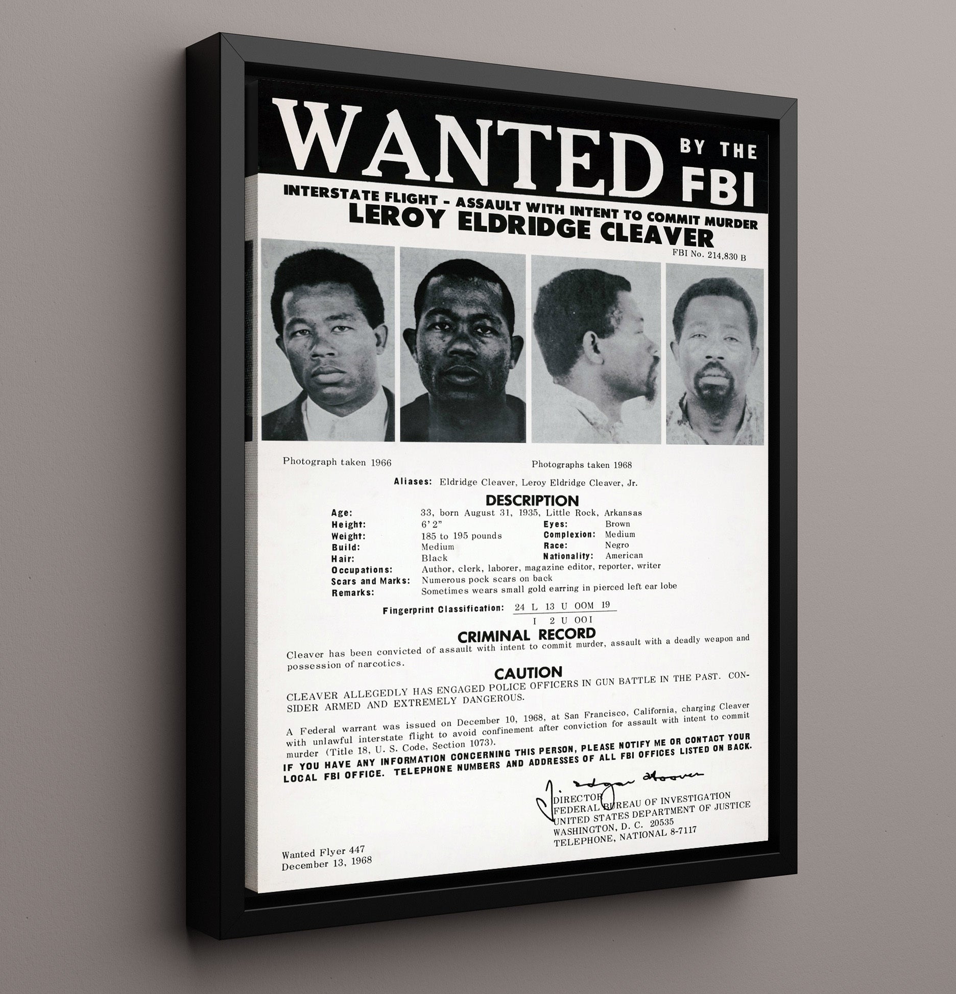 Eldridge Cleaver Fbi Wanted Poster Counter Culture Wall Art 16x20 Framed Canvas wall art print