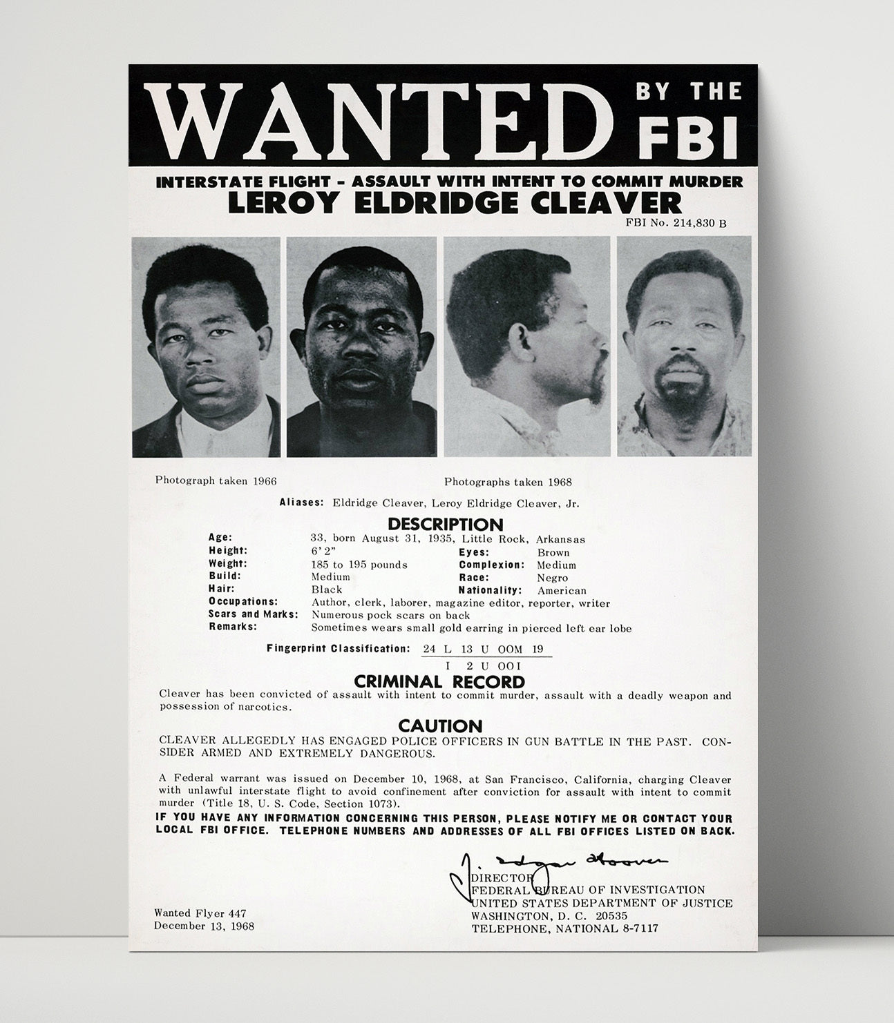 Eldridge Cleaver Fbi Wanted Poster Counter Culture Wall Art 16x20 Unframed Print wall art print