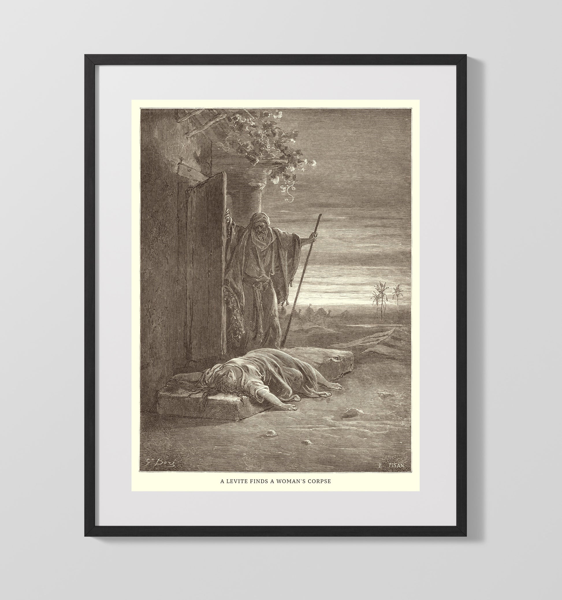 A Levite Finds a Womans Corpse Judges 19:27-28 Dore Bible Illustration Wall Art 16x20 Gallery Frame wall art print