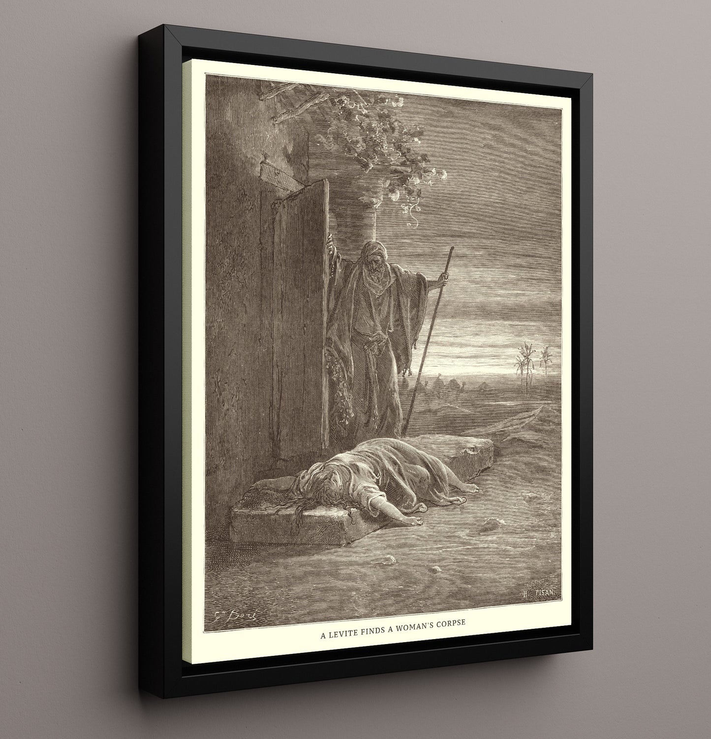 A Levite Finds a Womans Corpse Judges 19:27-28 Dore Bible Illustration Wall Art 16x20 Framed Canvas wall art print