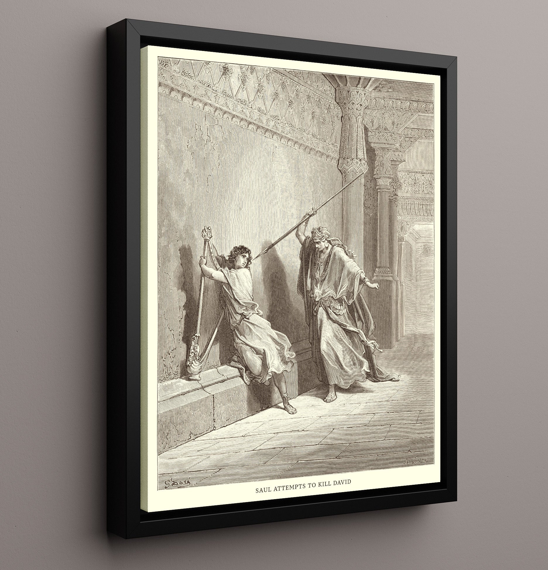 David Slays Goliath 1 Samuel 17:49-51 Dore Bible Illustration Wall Art 16x20 Framed Canvas wall art print