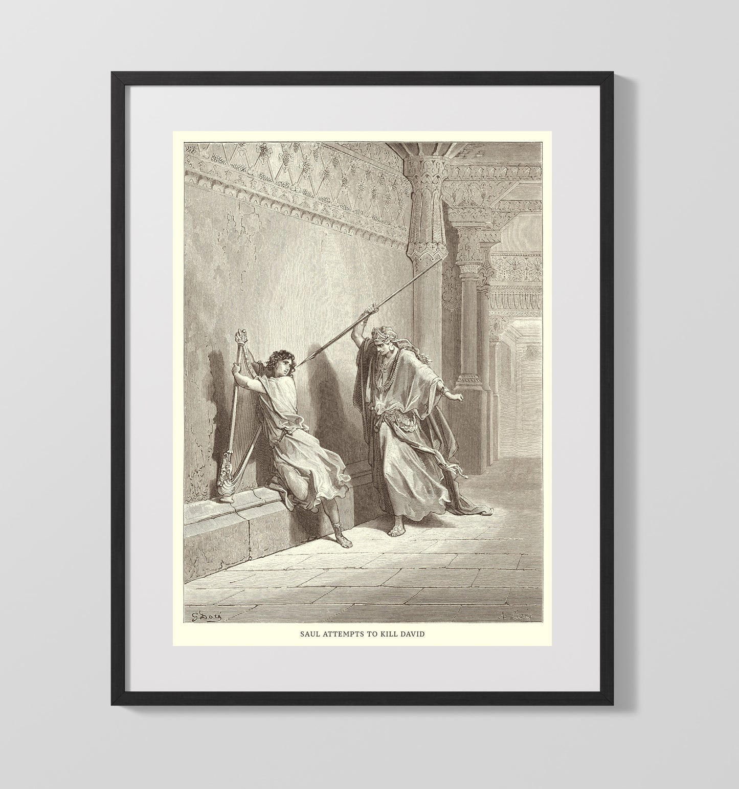 David Slays Goliath 1 Samuel 17:49-51 Dore Bible Illustration Wall Art 16x20 Gallery Frame wall art print