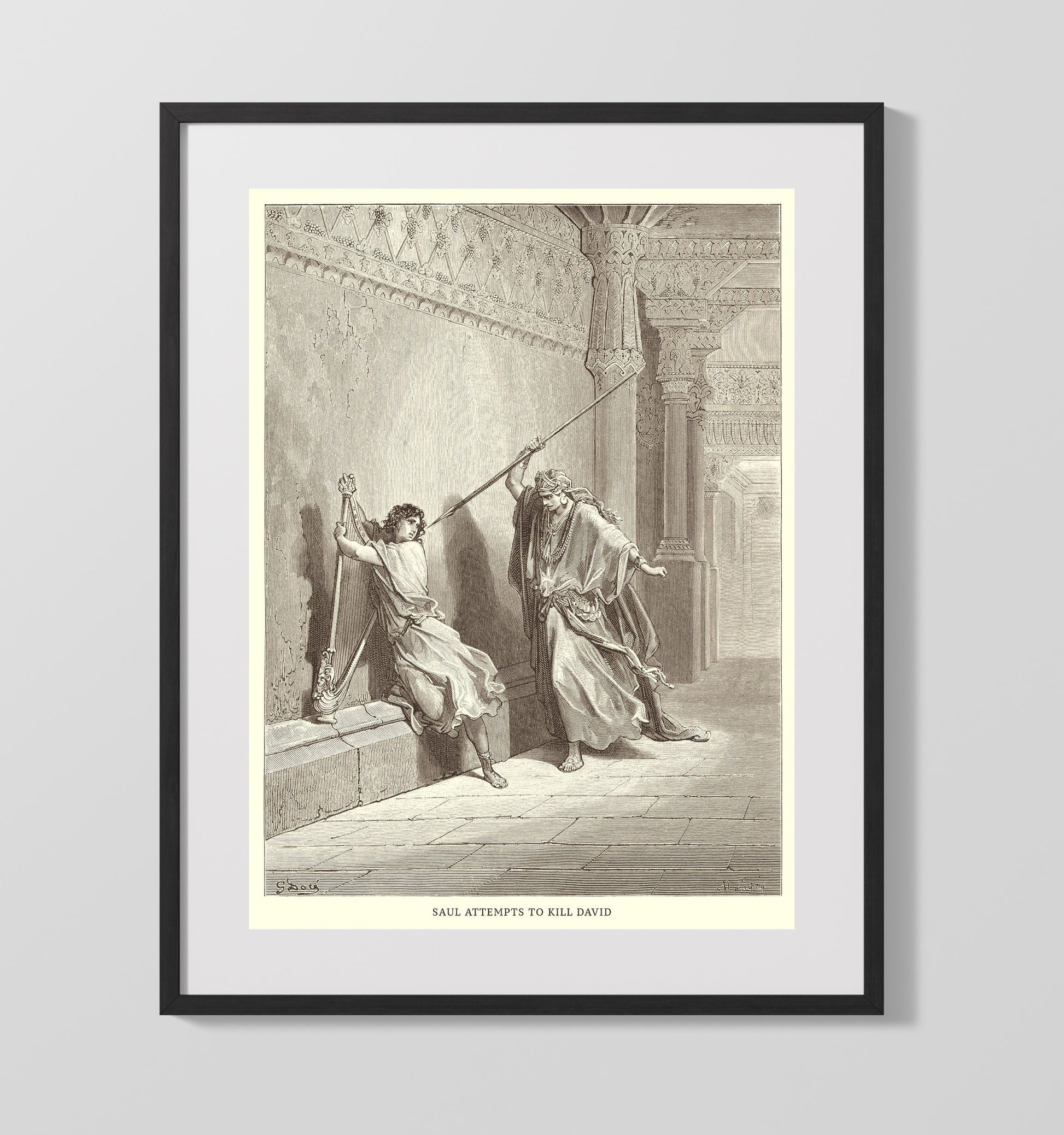 David Slays Goliath 1 Samuel 17:49-51 Dore Bible Illustration Wall Art 16x20 Gallery Frame wall art print