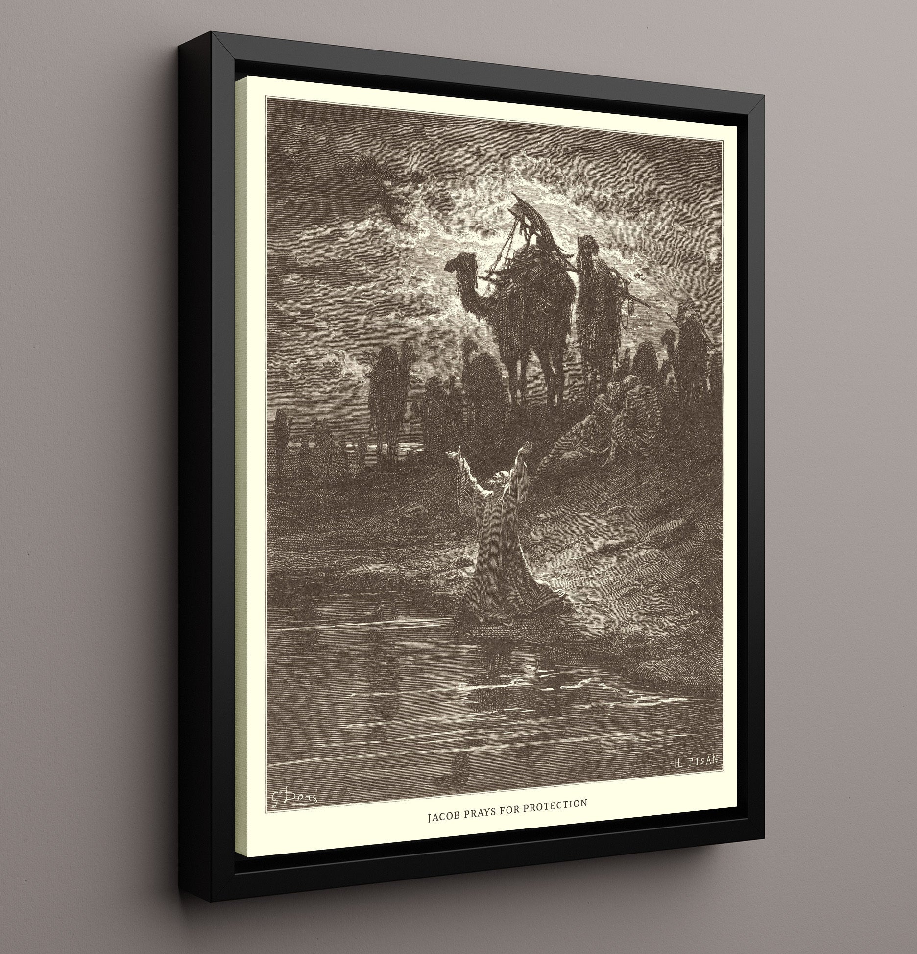 Jacob Tends Labans Flock and Meets Rachel Genesis 29:1-14 Dore Bible Illustration Wall Art 16x20 Framed Canvas wall art print