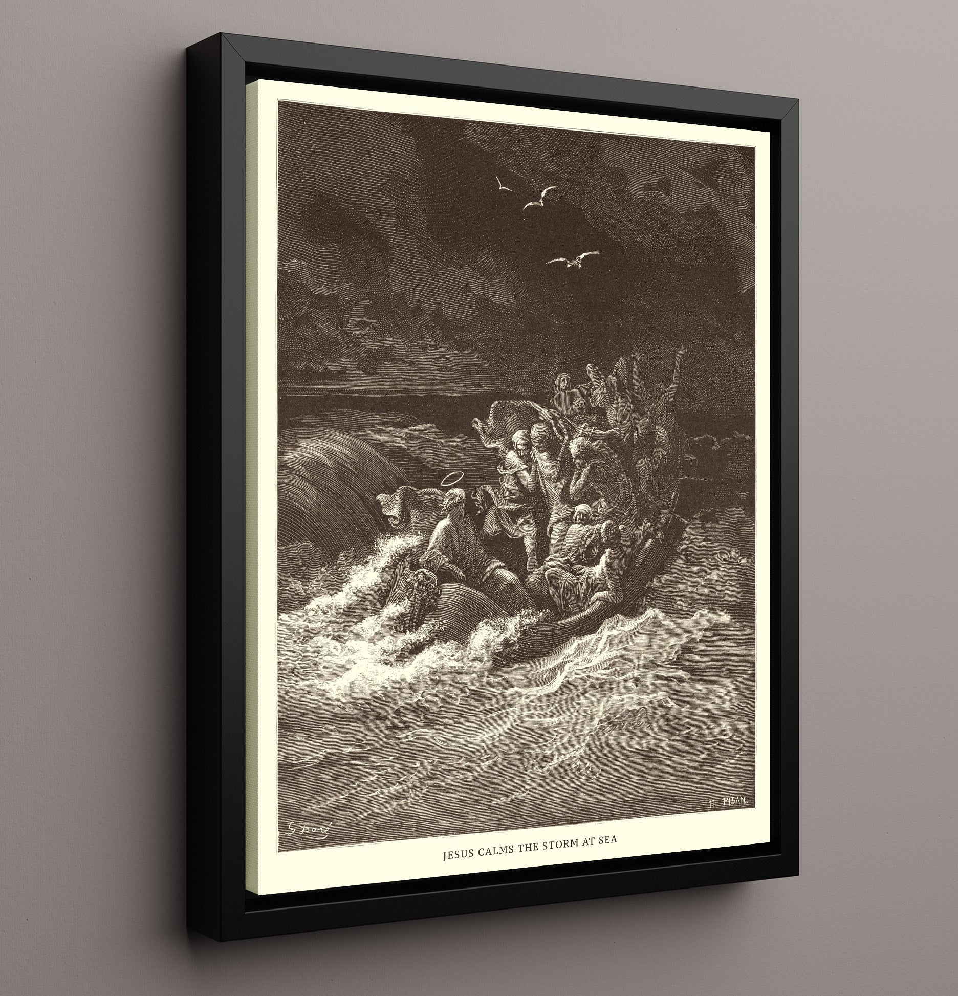 Jesus Calms the Storm at Sea Matthew 8:23-27 Dore Bible Illustration Wall Art 16x20 Framed Canvas wall art print