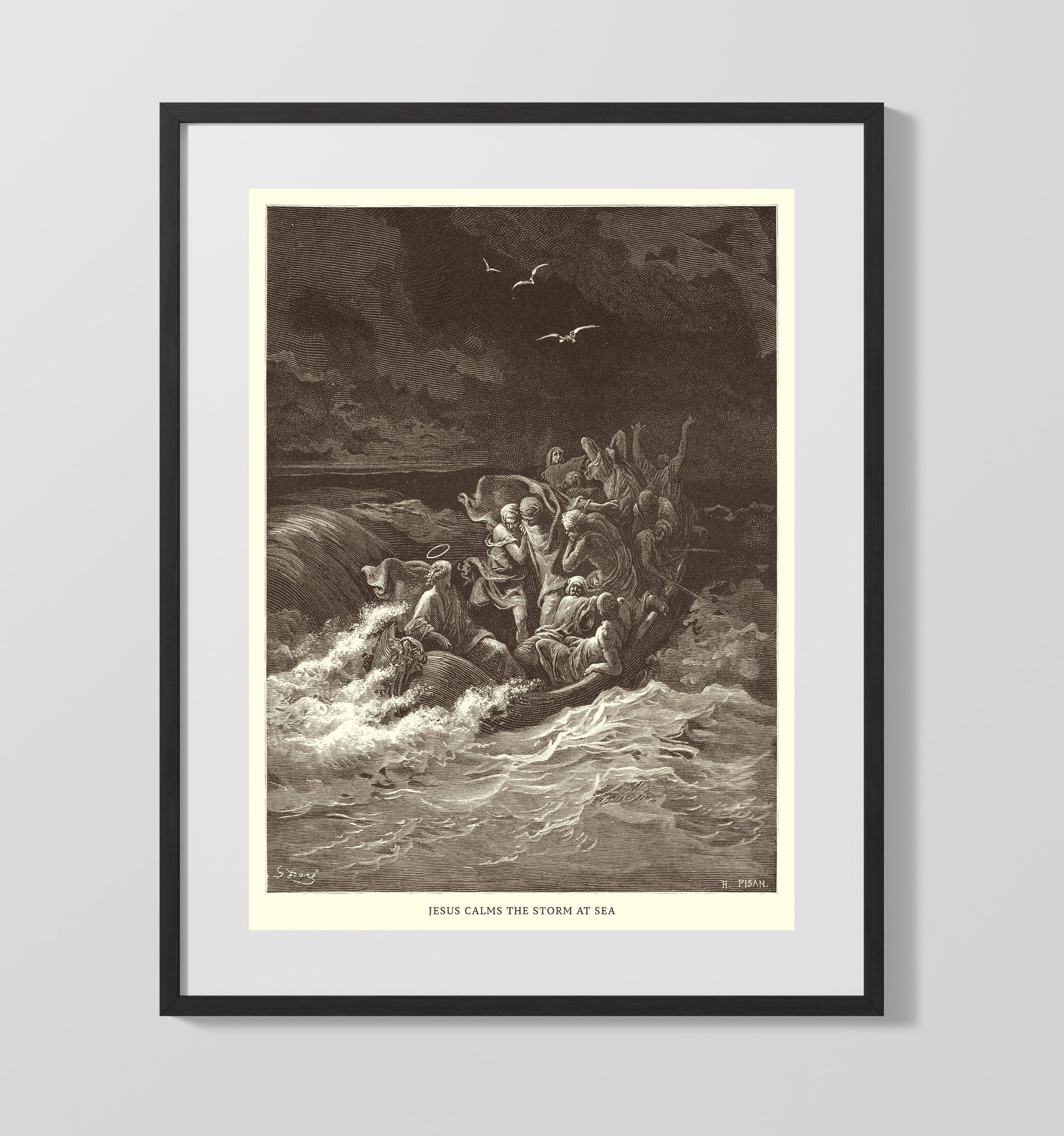 Jesus Calms the Storm at Sea Matthew 8:23-27 Dore Bible Illustration Wall Art 16x20 Gallery Frame wall art print