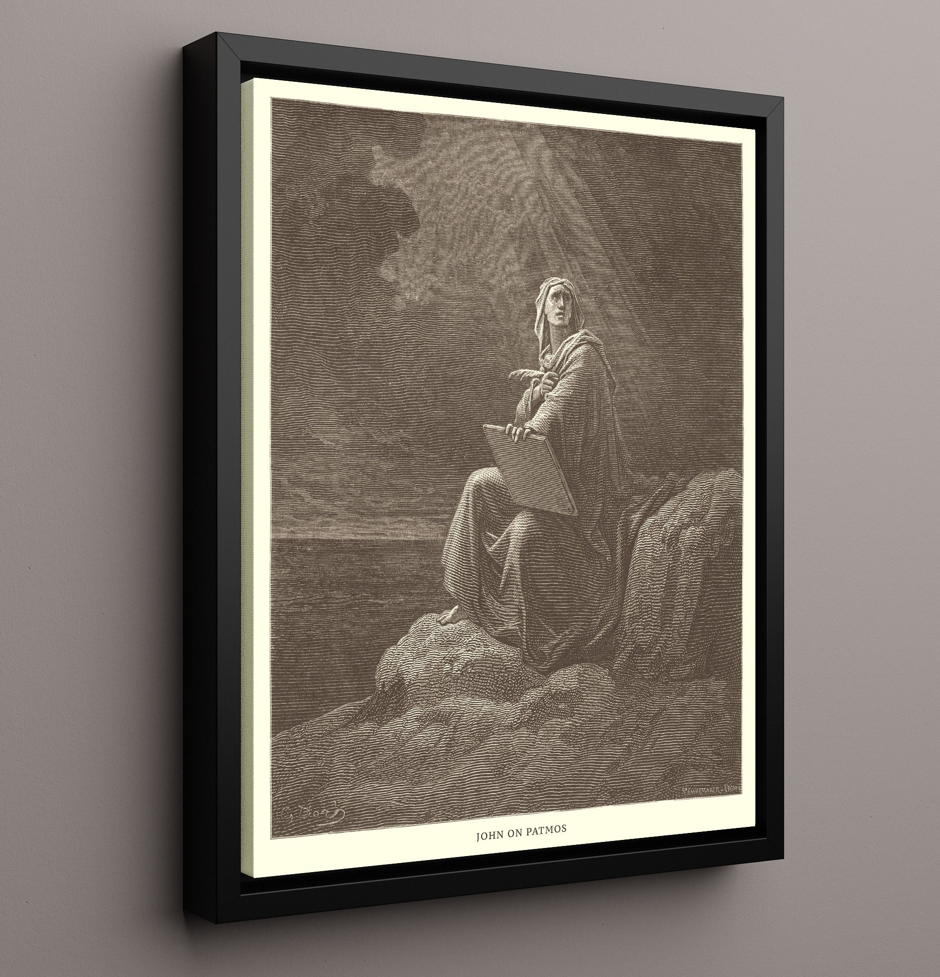 John on Patmos Revelation 1:9-20 Dore Bible Illustration Wall Art 16x20 Framed Canvas wall art print