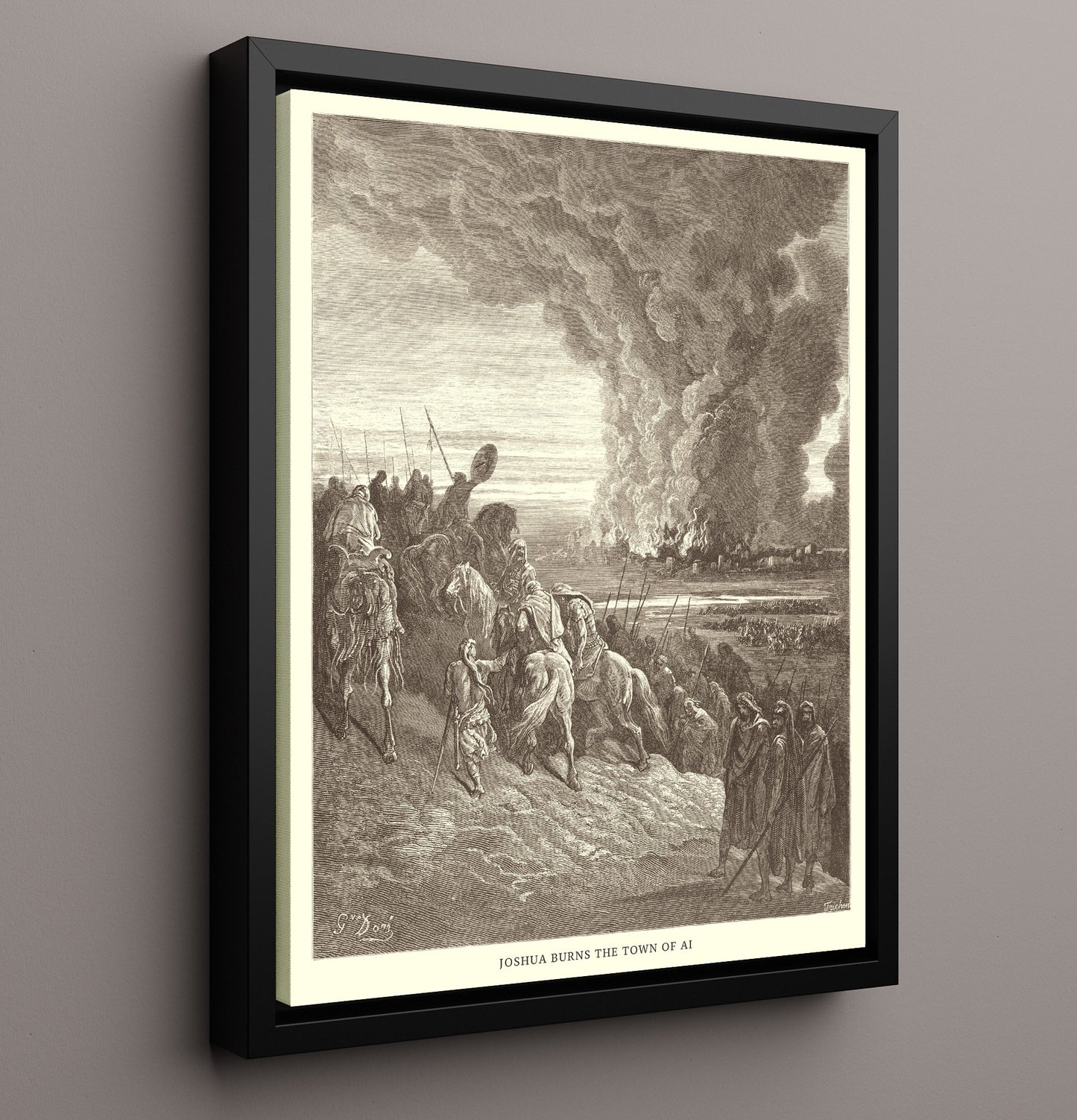Joshua Burns the Town of Ai Joshua 8:28-29 Dore Bible Illustration Wall Art 16x20 Framed Canvas wall art print