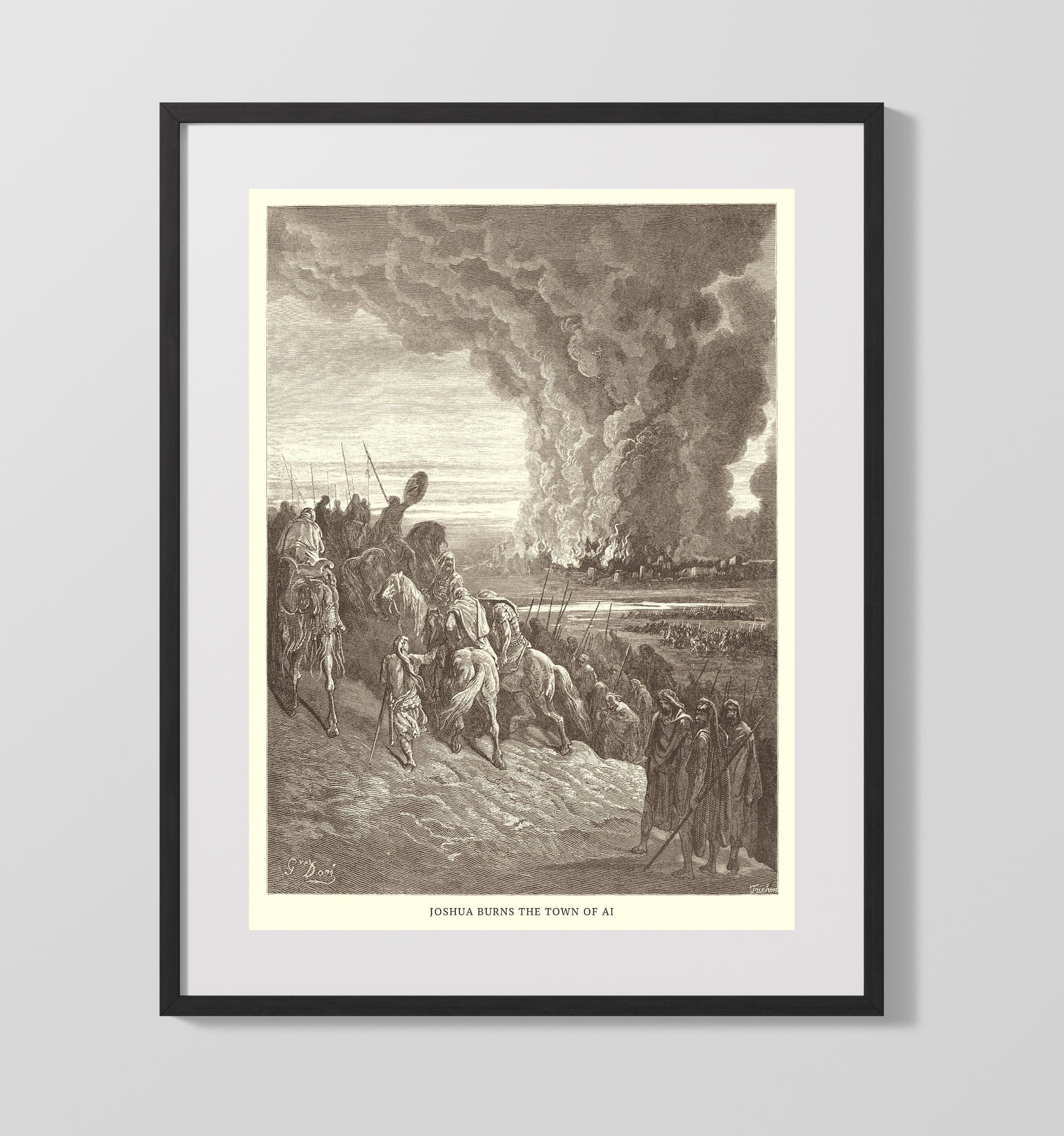 Joshua Burns the Town of Ai Joshua 8:28-29 Dore Bible Illustration Wall Art 16x20 Gallery Frame wall art print