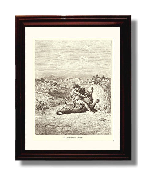 Samson Slays a Lion Judges 14:5-6 Dore Bible Illustration Wall Art 8x10 Beveled Frame wall art print