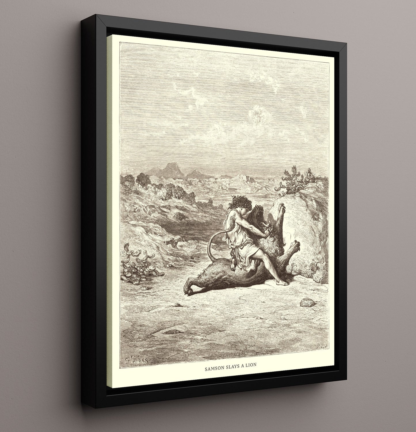 Samson Slays a Lion Judges 14:5-6 Dore Bible Illustration Wall Art 16x20 Framed Canvas wall art print