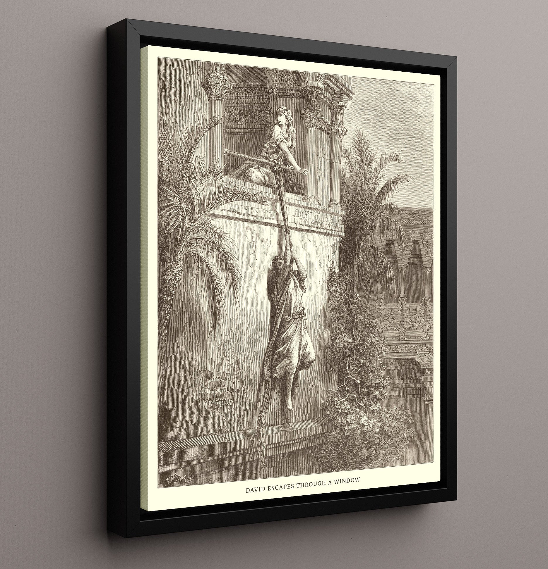 Saul Attempts to Kill David 1 Samuel 18:10-11 Dore Bible Illustration Wall Art 16x20 Framed Canvas wall art print